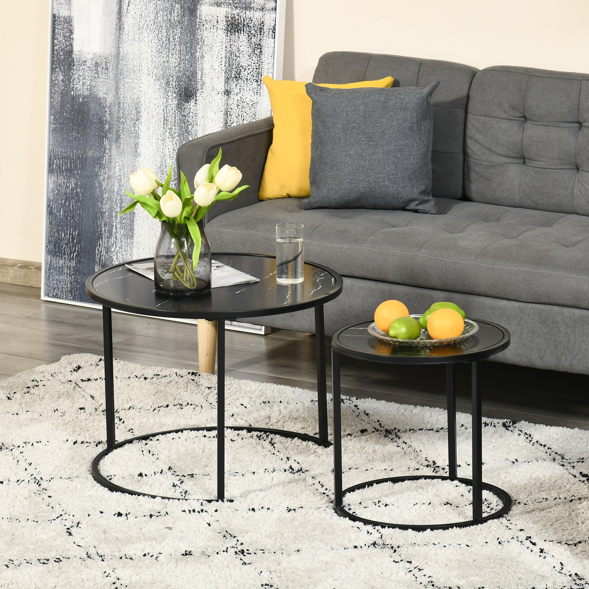 Set of 2 Modern Stackable Round Side Tables with Faux Marble Top and Steel Frame Ø60x46 cm and Ø40x40 cm Black