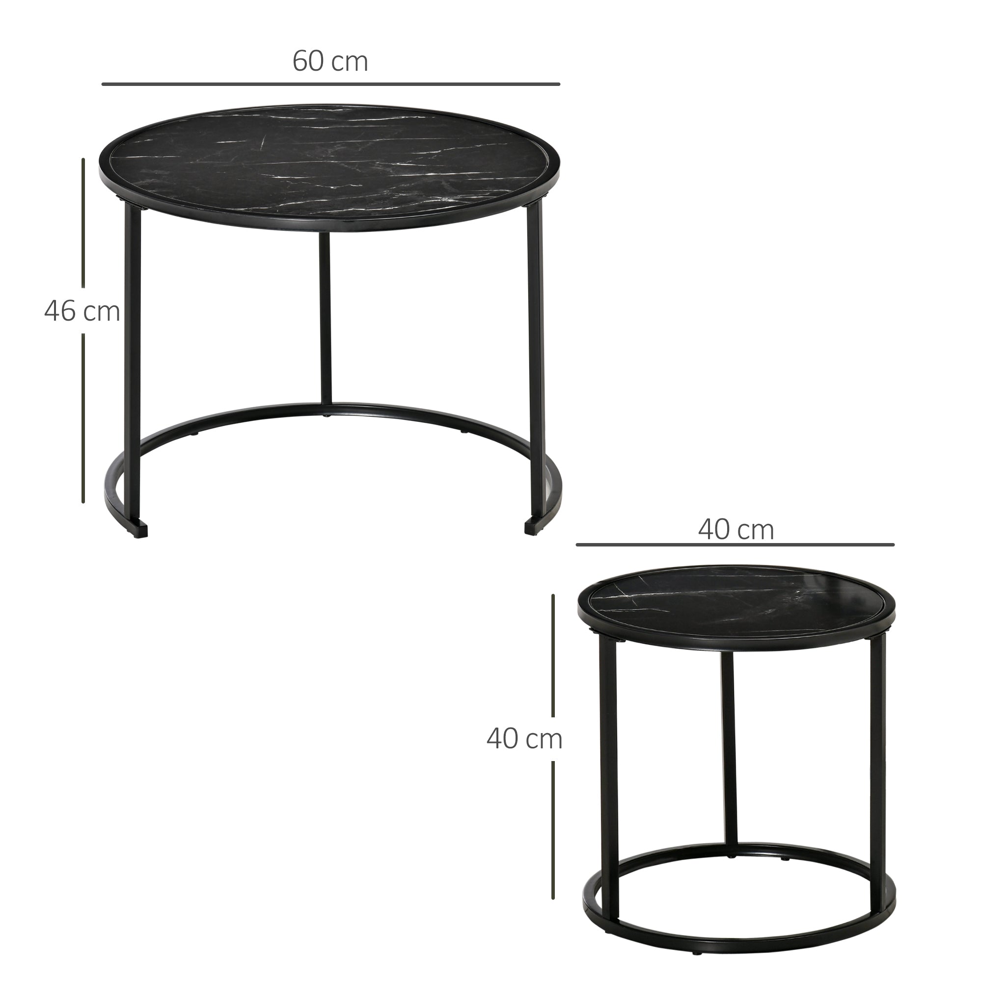 Set of 2 Modern Stackable Round Side Tables with Faux Marble Top and Steel Frame Ø60x46 cm and Ø40x40 cm Black