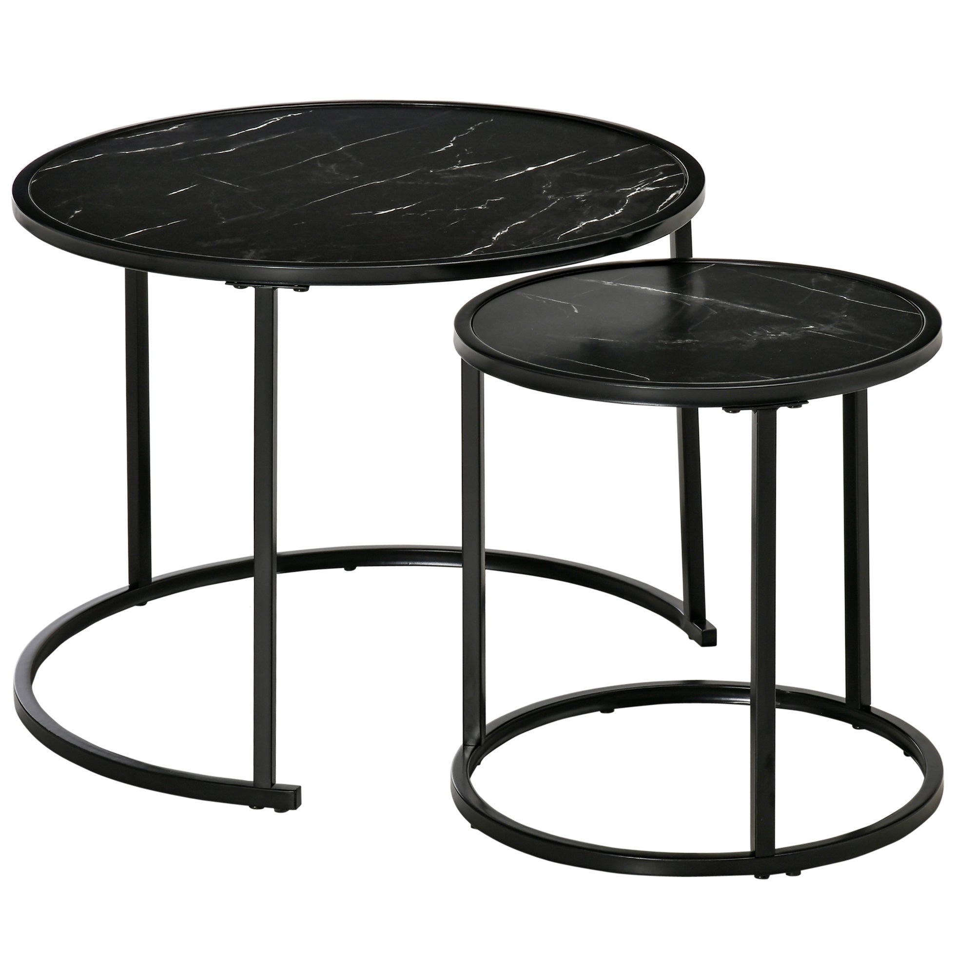 Set of 2 Modern Stackable Round Side Tables with Faux Marble Top and Steel Frame Ø60x46 cm and Ø40x40 cm Black