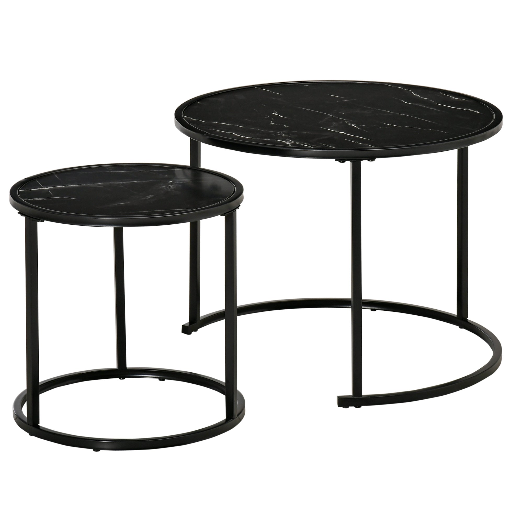Set of 2 Modern Stackable Round Side Tables with Faux Marble Top and Steel Frame Ø60x46 cm and Ø40x40 cm Black