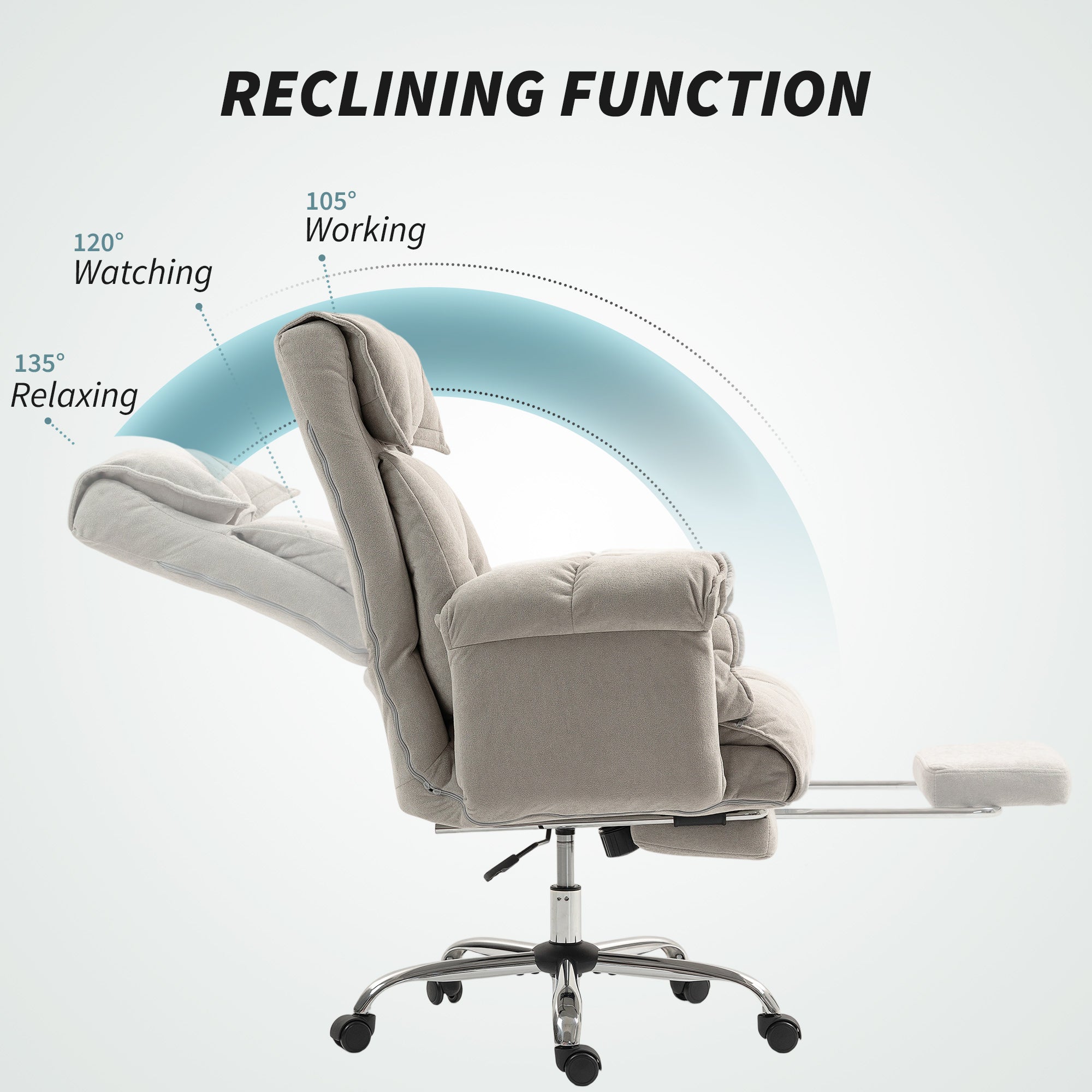 Reclining Office Chair with Footrest — Padded Armrests, High Back, Height-Adjustable Swivel, Velvet-Look Upholstery, Light Gray