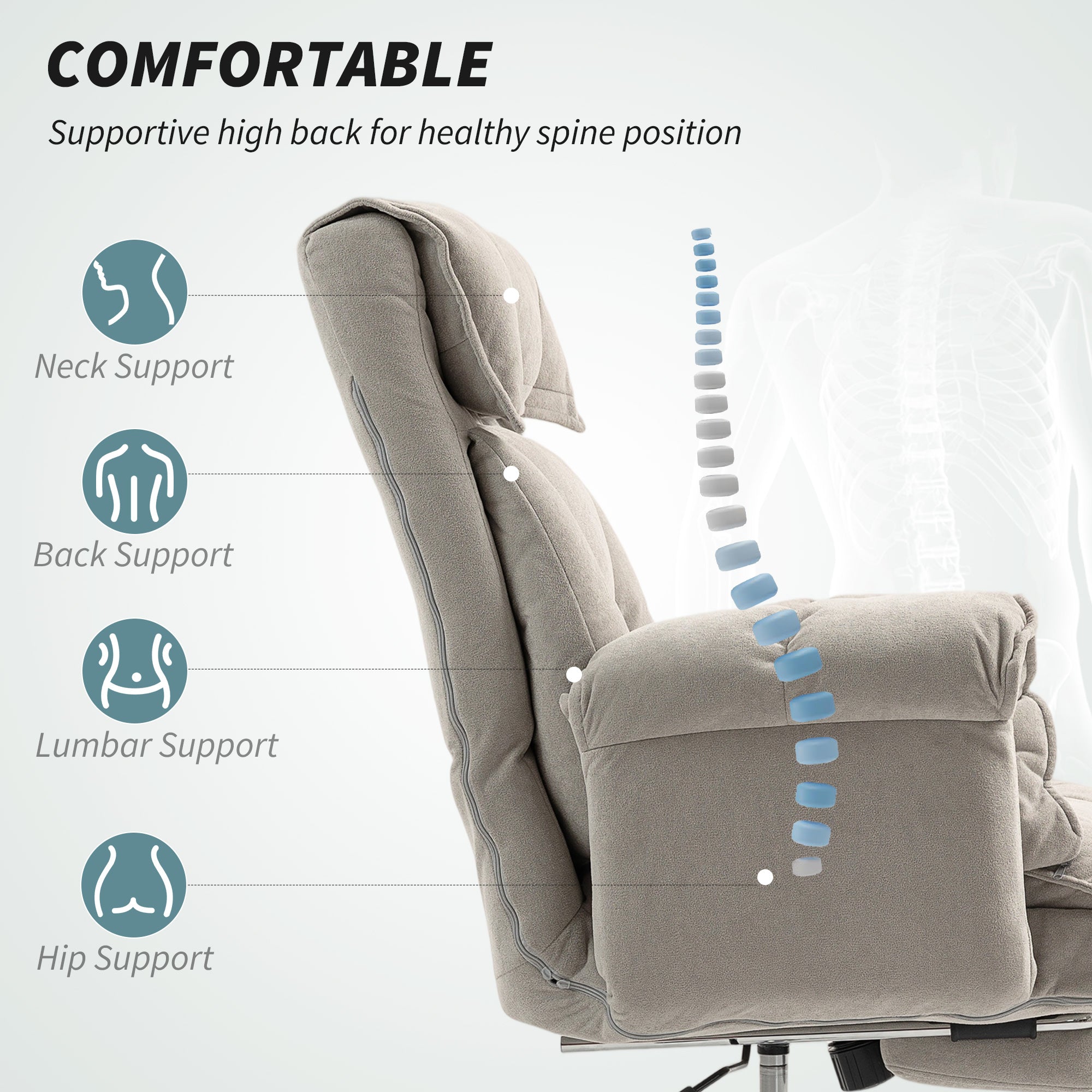 Reclining Office Chair with Footrest — Padded Armrests, High Back, Height-Adjustable Swivel, Velvet-Look Upholstery, Light Gray