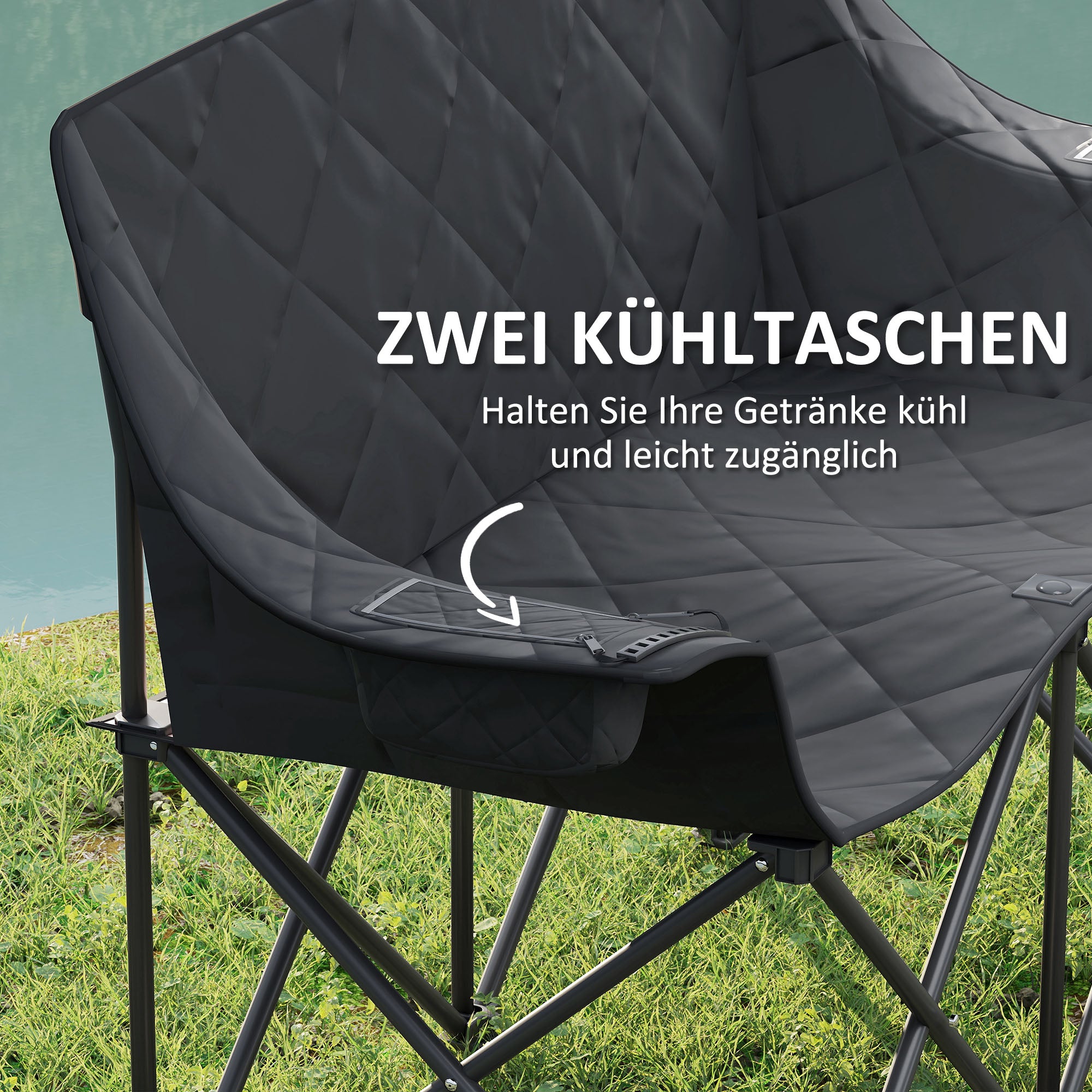 Folding Chair for 2 People Camping Chair with Cooler Bags Carrying Bag Outdoor Foldable Chair Supports up to 250kg Sturdy Lightweight Padded Fishing Chair Garden Chair for Garden Camping Beach