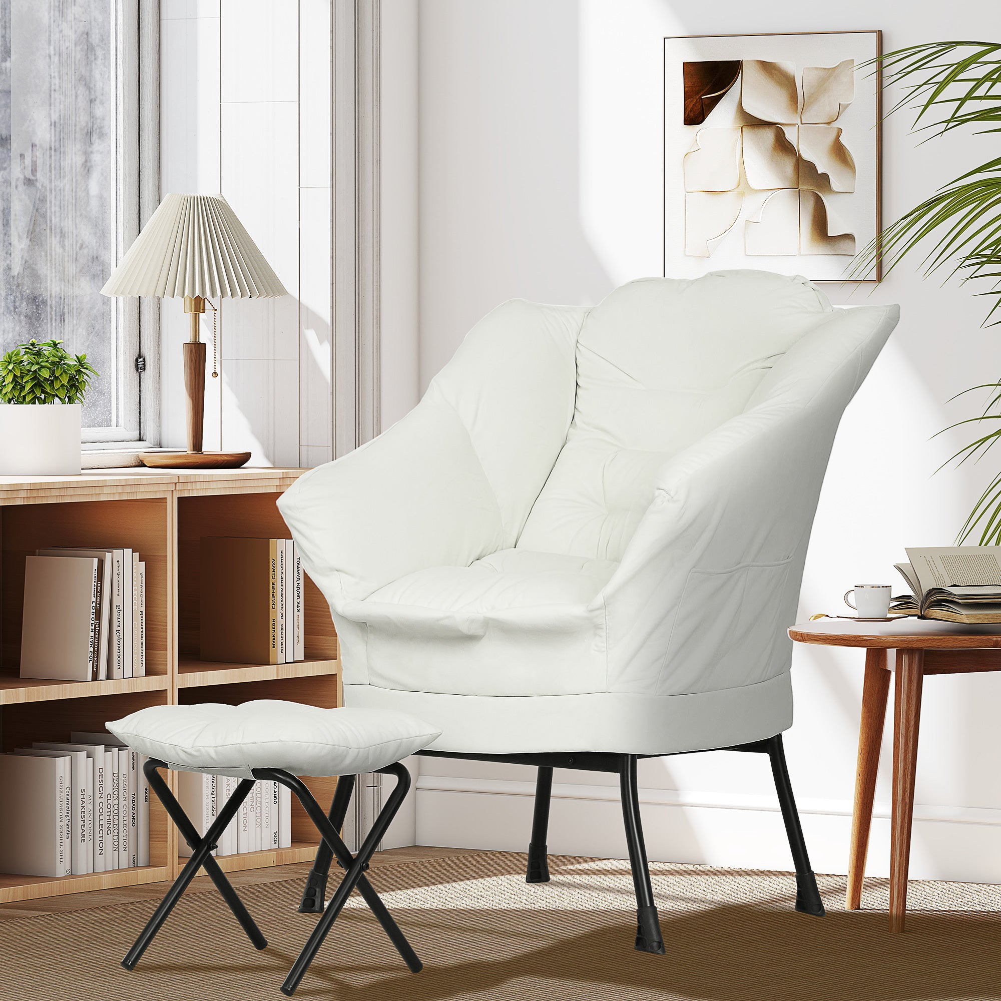 Living Room Recliner with Ottoman Relax Armchair for Bedroom with Side Pockets and Steel Legs for Living Room Cream