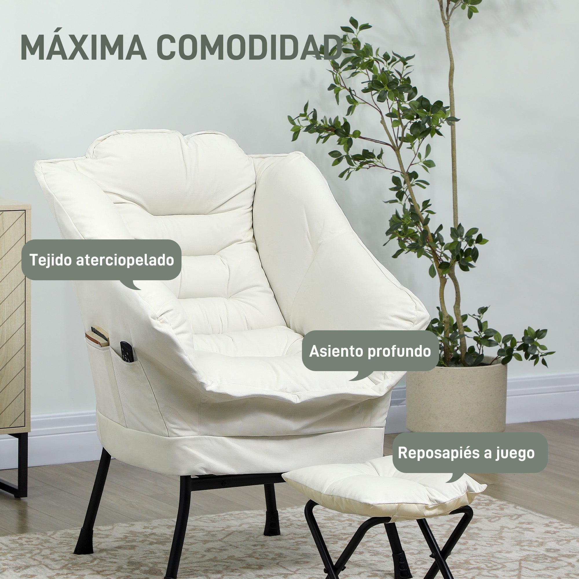 Living Room Recliner with Ottoman Relax Armchair for Bedroom with Side Pockets and Steel Legs for Living Room Cream