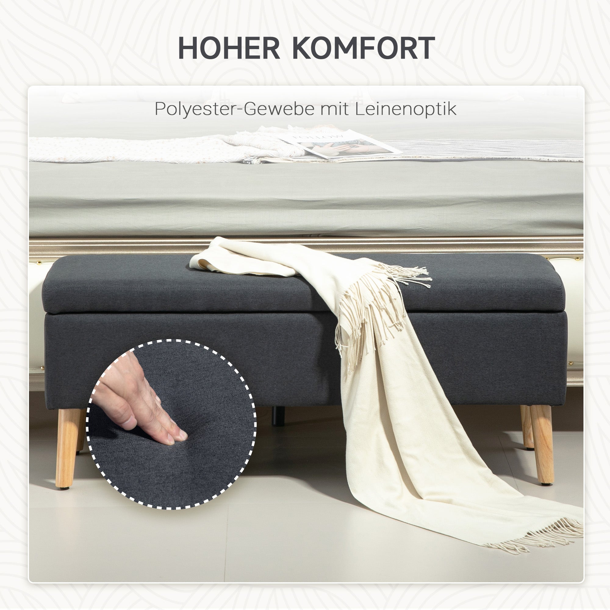 Storage Bench Upholstered Bench with Linen Look, Bed Bench with Wood Legs, Trunk Bench for Living Room Bedroom Hallway 110 x 39 x 45 cm, Dark Gray