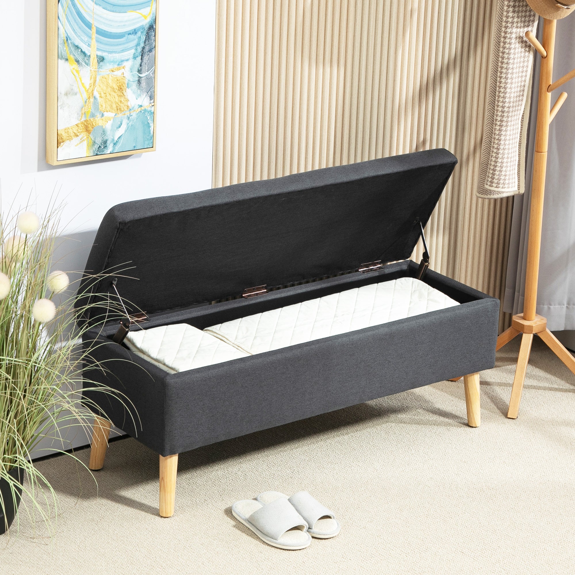 Storage Bench Upholstered Bench with Linen Look, Bed Bench with Wood Legs, Trunk Bench for Living Room Bedroom Hallway 110 x 39 x 45 cm, Dark Gray