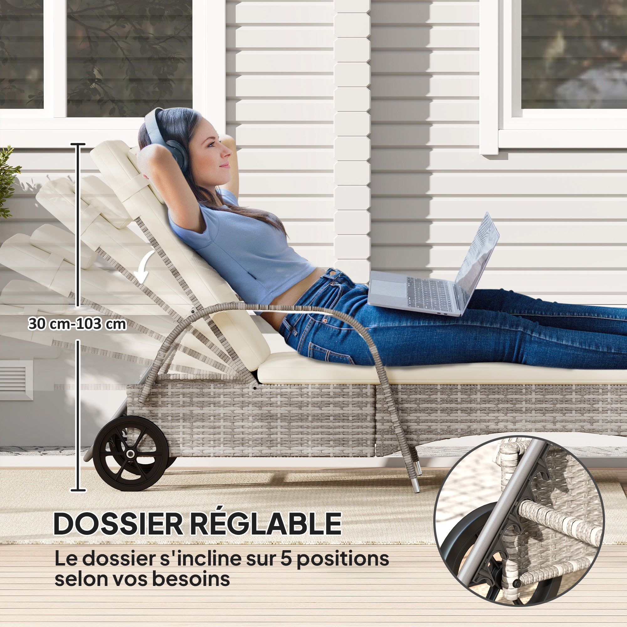 Comfortable Sun Lounger: Mattress, Headrest, Multiple Adjustable Positions, Armrests, Light Gray Resin Wicker Wheels