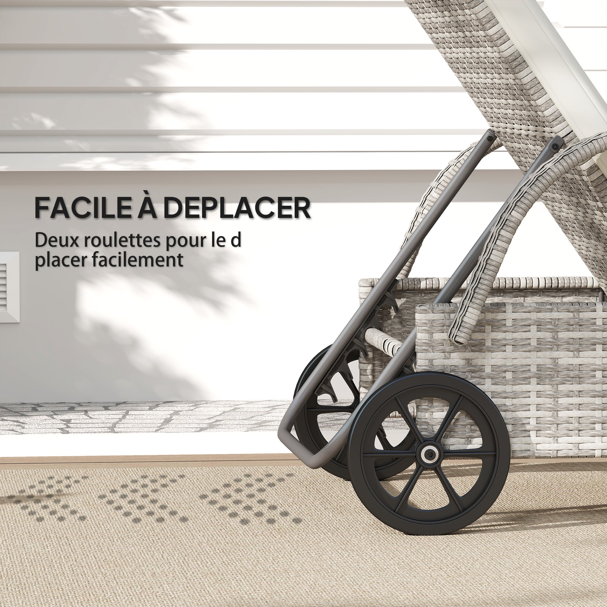 Comfortable Sun Lounger: Mattress, Headrest, Multiple Adjustable Positions, Armrests, Light Gray Resin Wicker Wheels