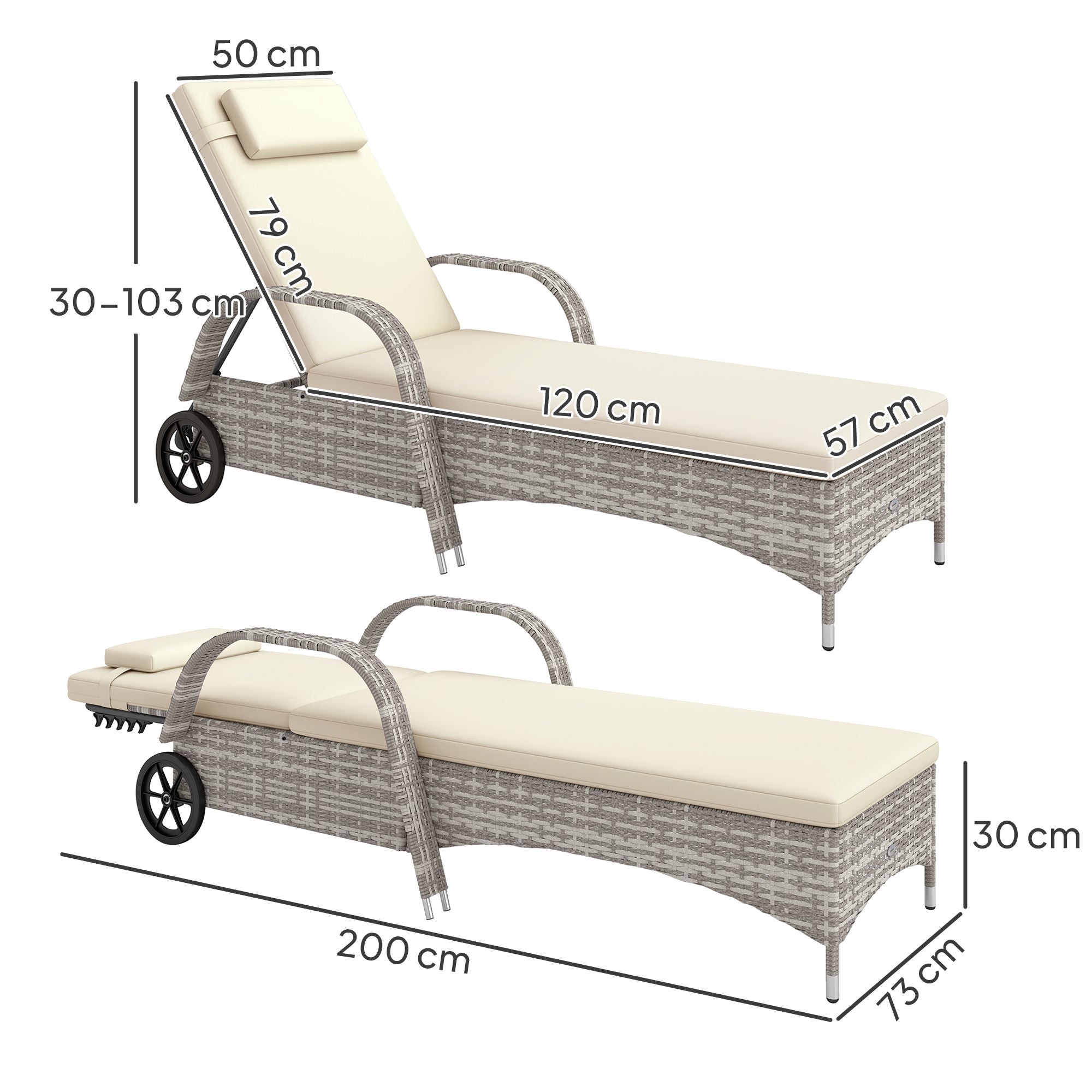 Comfortable Sun Lounger: Mattress, Headrest, Multiple Adjustable Positions, Armrests, Light Gray Resin Wicker Wheels