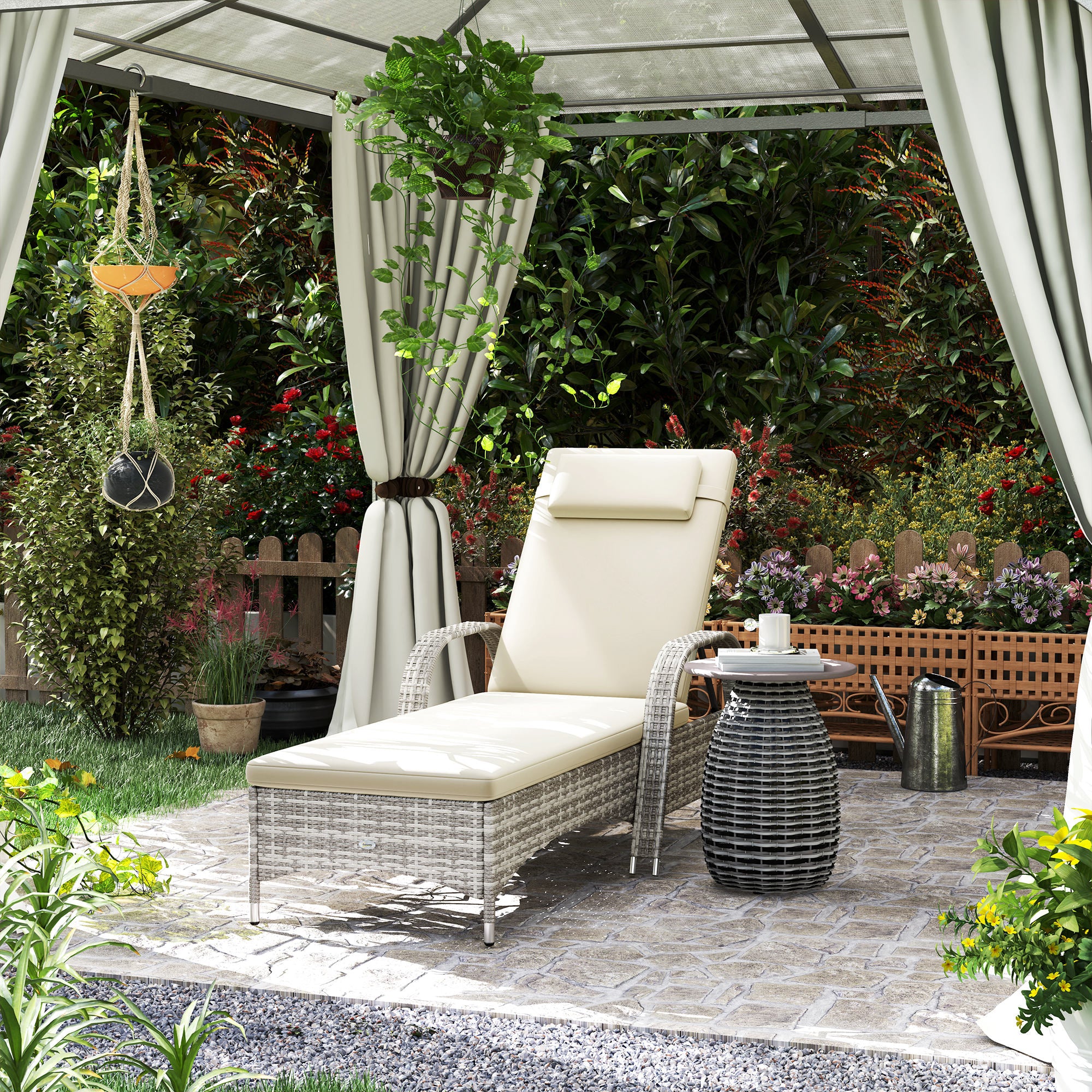 Comfortable Sun Lounger: Mattress, Headrest, Multiple Adjustable Positions, Armrests, Light Gray Resin Wicker Wheels