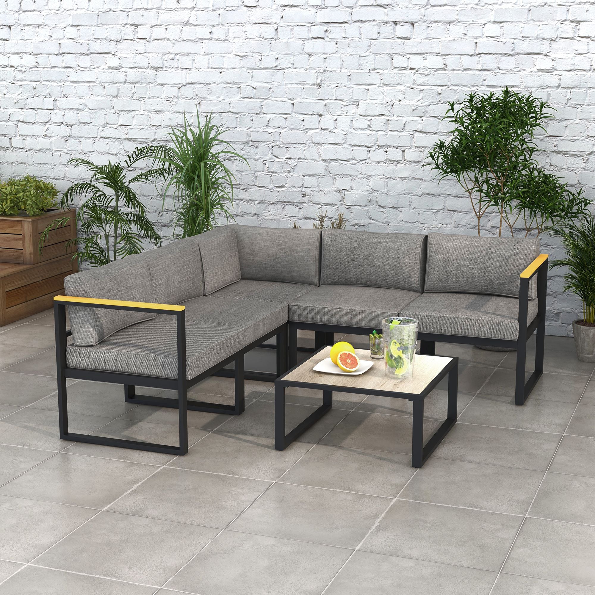Garden Lounge with Sofa and Coffee Table, 6-Piece Set in Aluminum with Padded Cushions, Coffee Table with Wood Effect Top, Gray