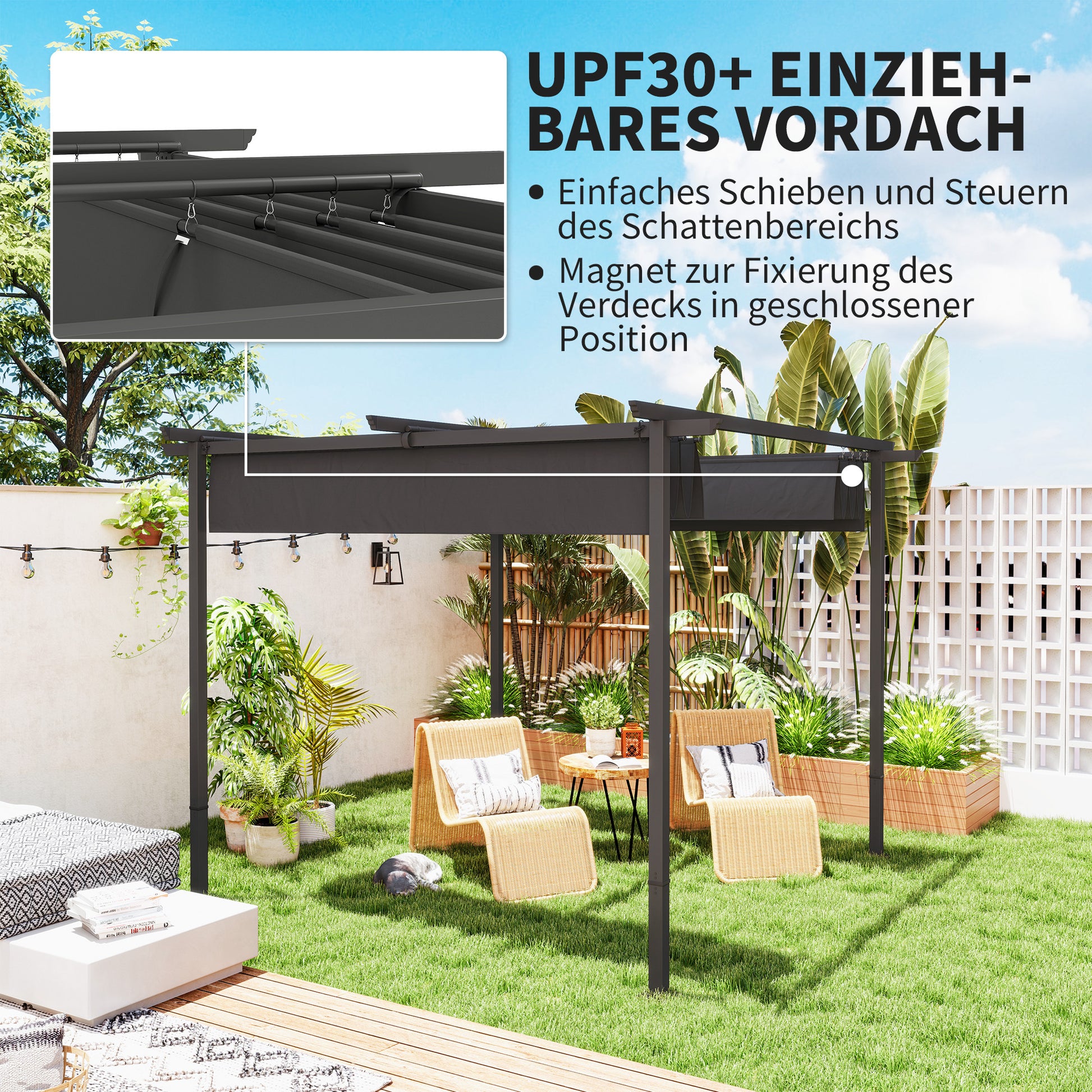 Pergola 3x3m Garden Pavilion Terrace Canopy made of Metal, Garden Pergola with Adjustable Sunroof, UV Protection 30+ Freestanding Sunshade for Terrace and Garden, Dark Gray