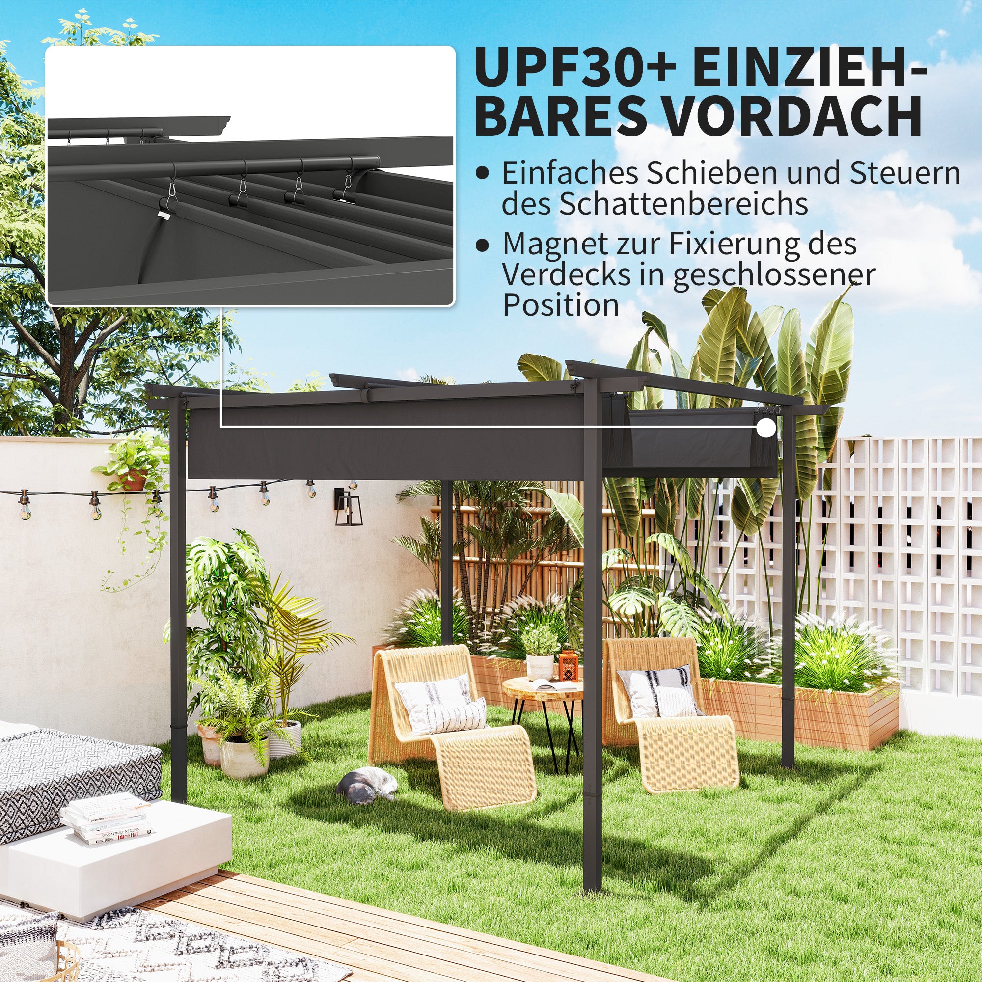 Pergola 3x3m Garden Pavilion Terrace Canopy made of Metal, Garden Pergola with Adjustable Sunroof, UV Protection 30+ Freestanding Sunshade for Terrace and Garden, Dark Gray