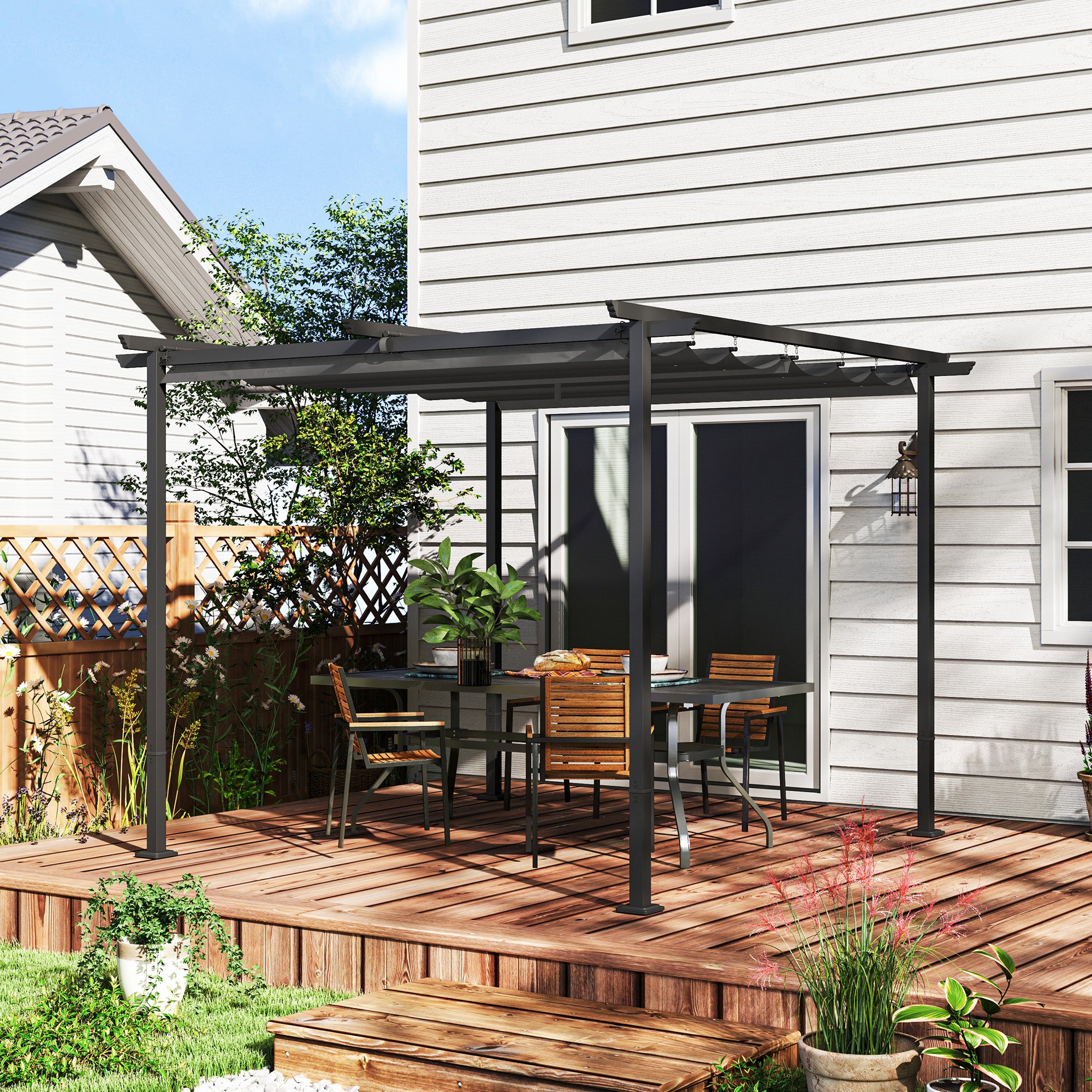 Pergola 3x3m Garden Pavilion Terrace Canopy made of Metal, Garden Pergola with Adjustable Sunroof, UV Protection 30+ Freestanding Sunshade for Terrace and Garden, Dark Gray