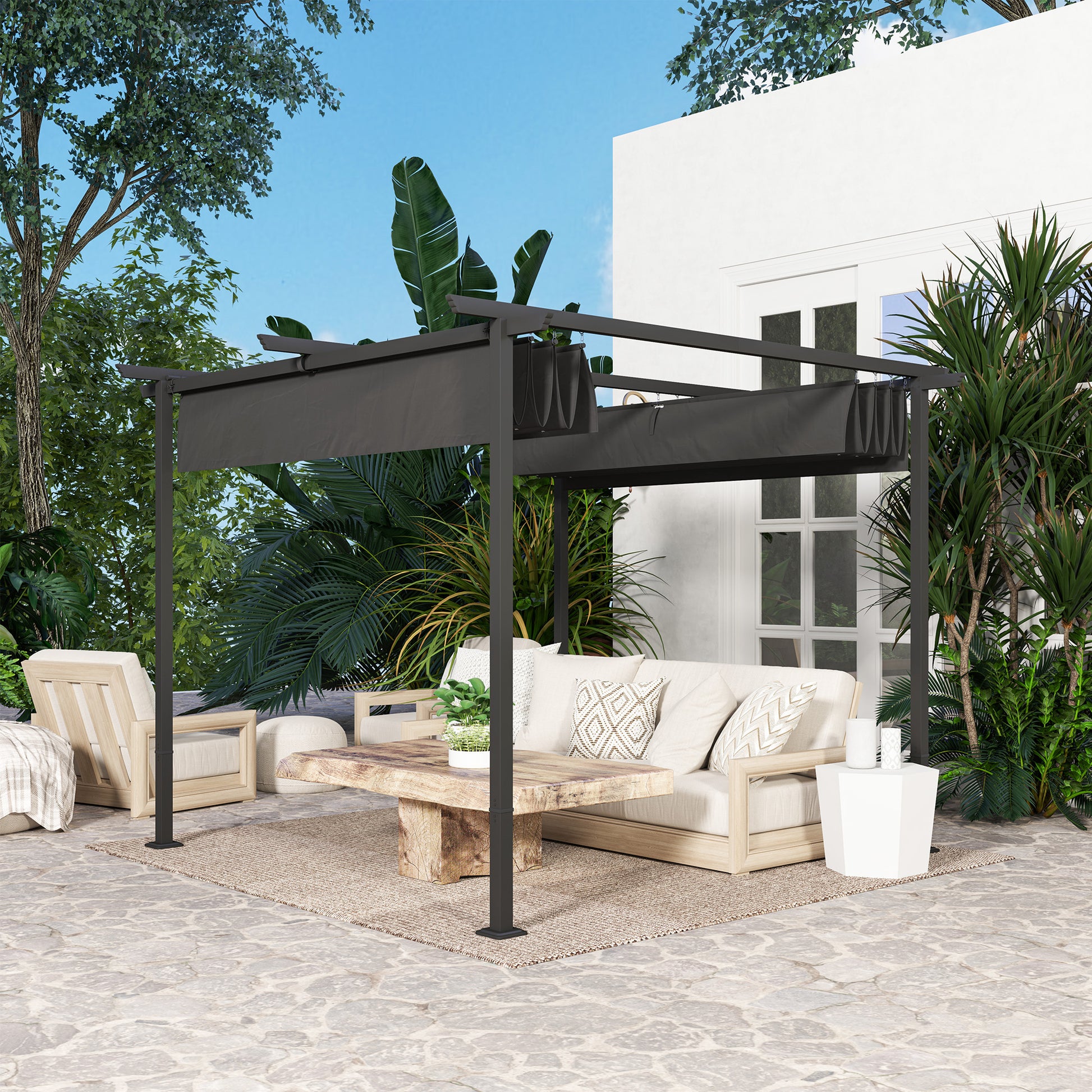 Pergola 3x3m Garden Pavilion Terrace Canopy made of Metal, Garden Pergola with Adjustable Sunroof, UV Protection 30+ Freestanding Sunshade for Terrace and Garden, Dark Gray