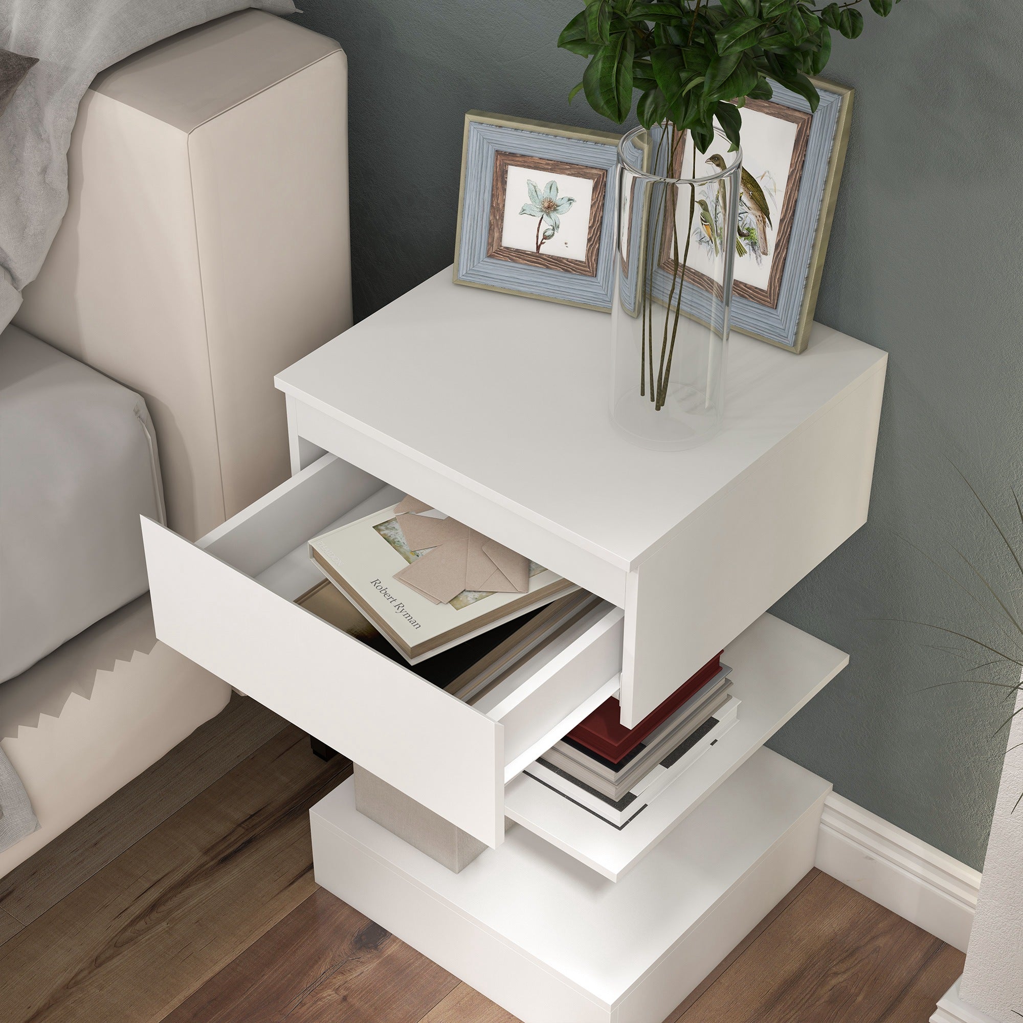 Bedside Table Side Table with Drawer and 2 Open Shelves for Bedroom Living Room Bed Office Modern Style 39x39x65 cm White