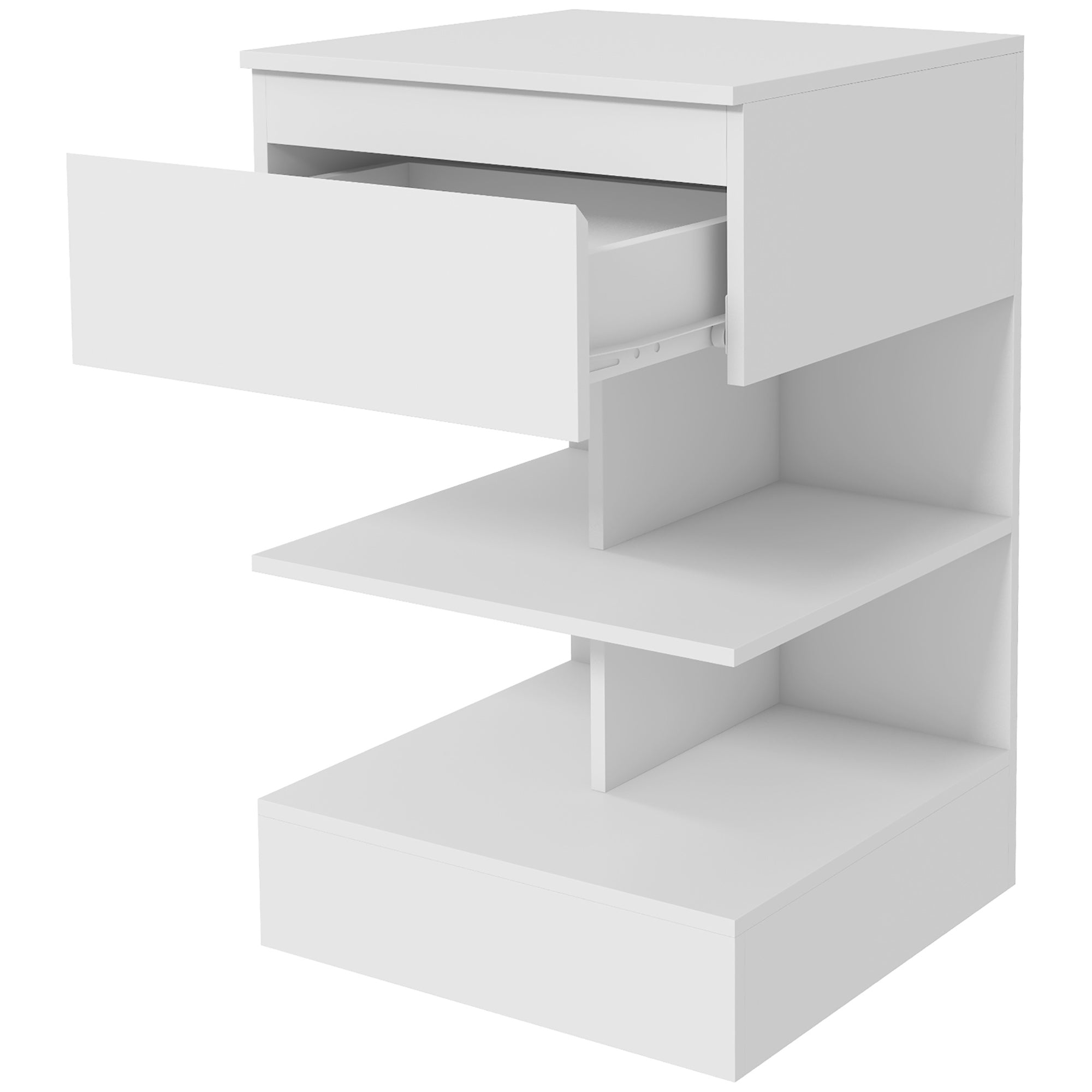 Bedside Table Side Table with Drawer and 2 Open Shelves for Bedroom Living Room Bed Office Modern Style 39x39x65 cm White