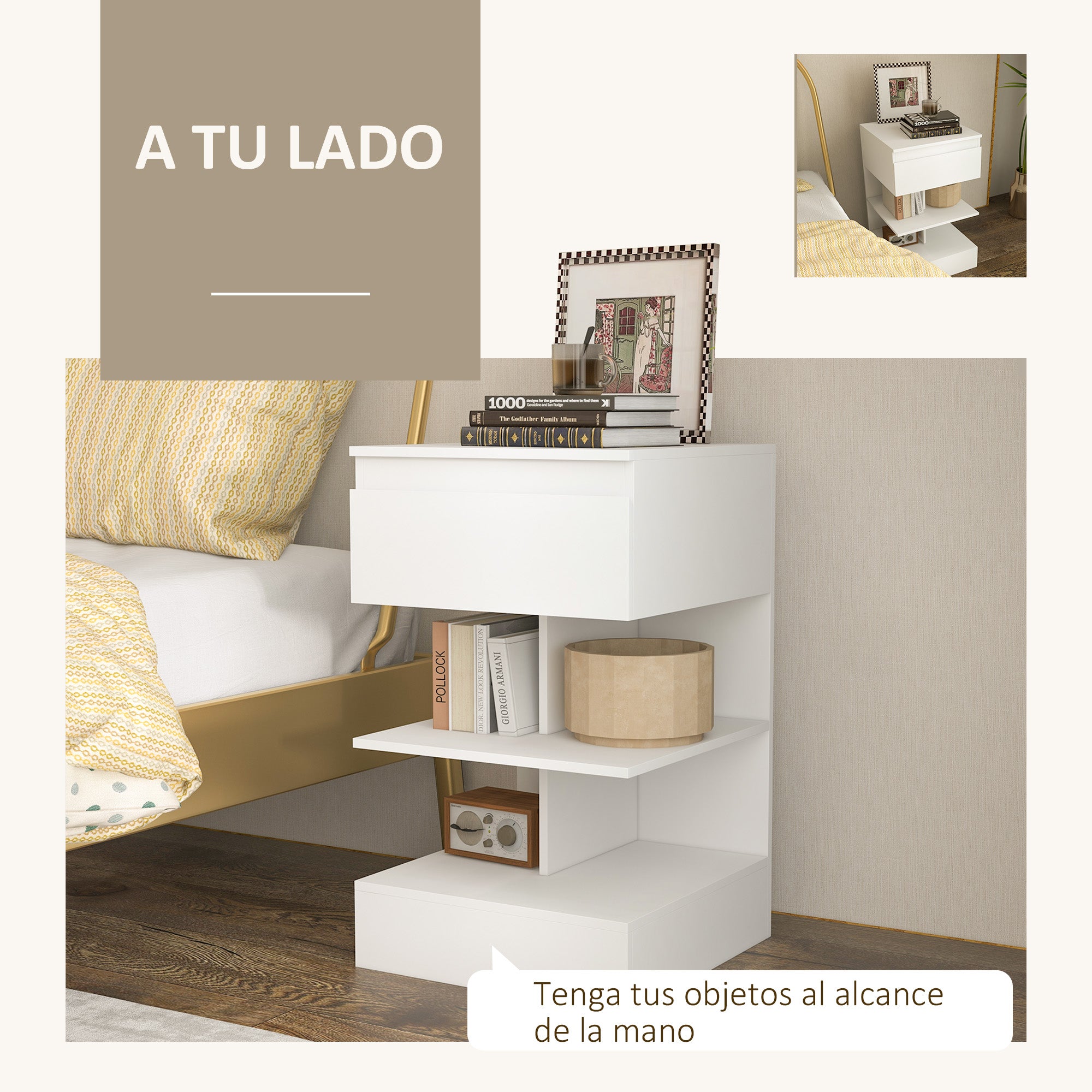Bedside Table Side Table with Drawer and 2 Open Shelves for Bedroom Living Room Bed Office Modern Style 39x39x65 cm White