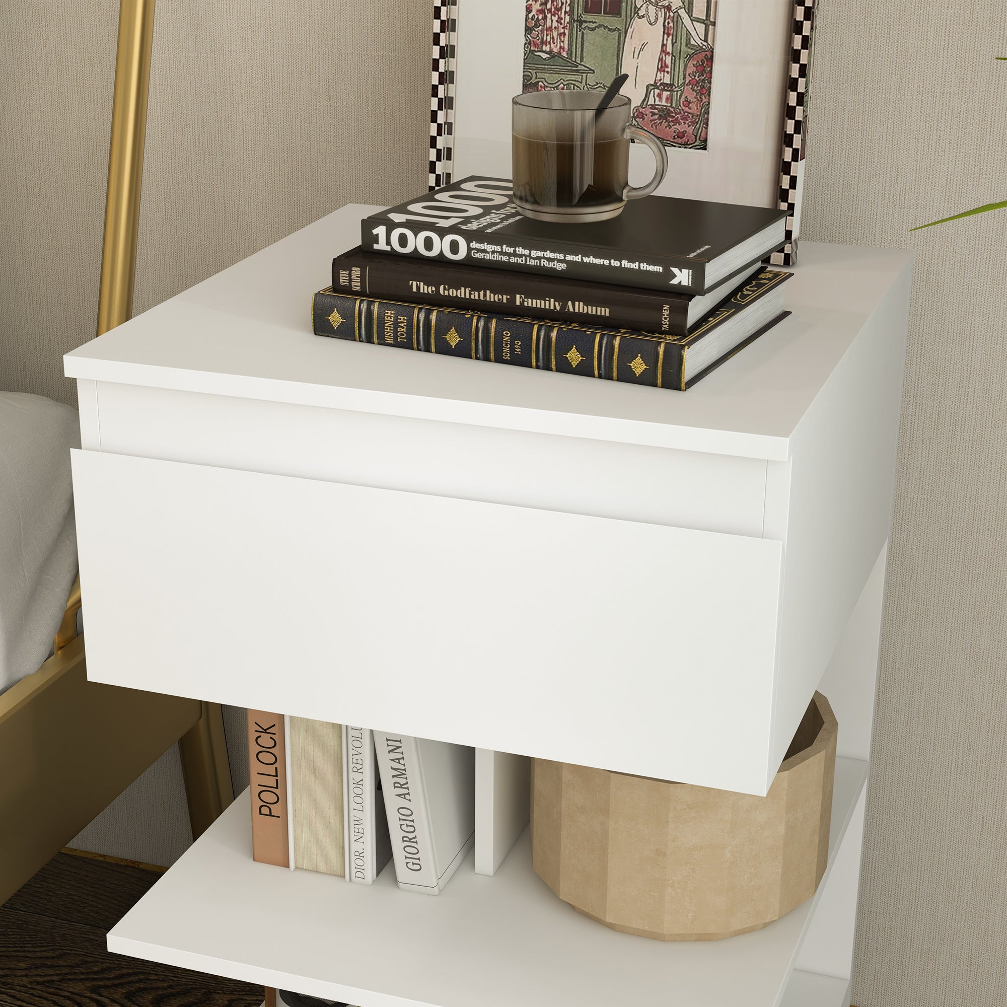 Bedside Table Side Table with Drawer and 2 Open Shelves for Bedroom Living Room Bed Office Modern Style 39x39x65 cm White