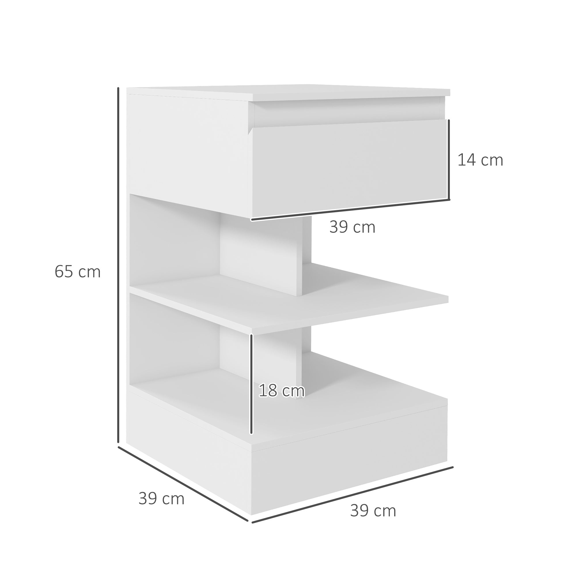 Bedside Table Side Table with Drawer and 2 Open Shelves for Bedroom Living Room Bed Office Modern Style 39x39x65 cm White