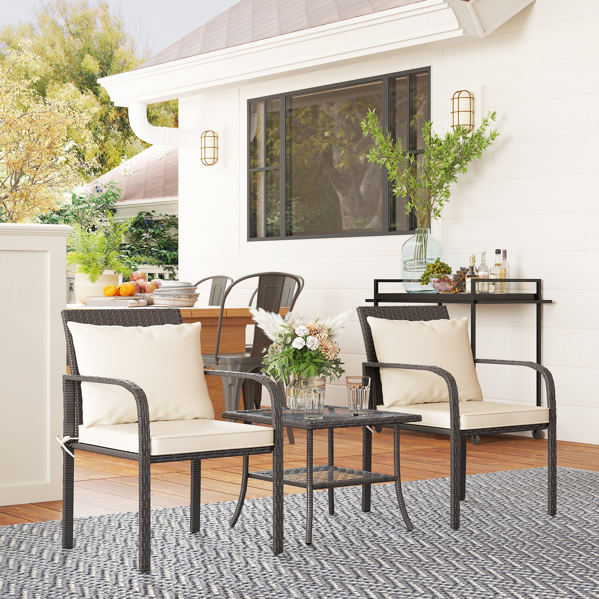 3-Piece Outdoor Garden Set Furniture with 2 Chairs with Removable Washable Cushions and Glass Table with Tempered Glass Shelf for Balcony Patio Brown and Cream