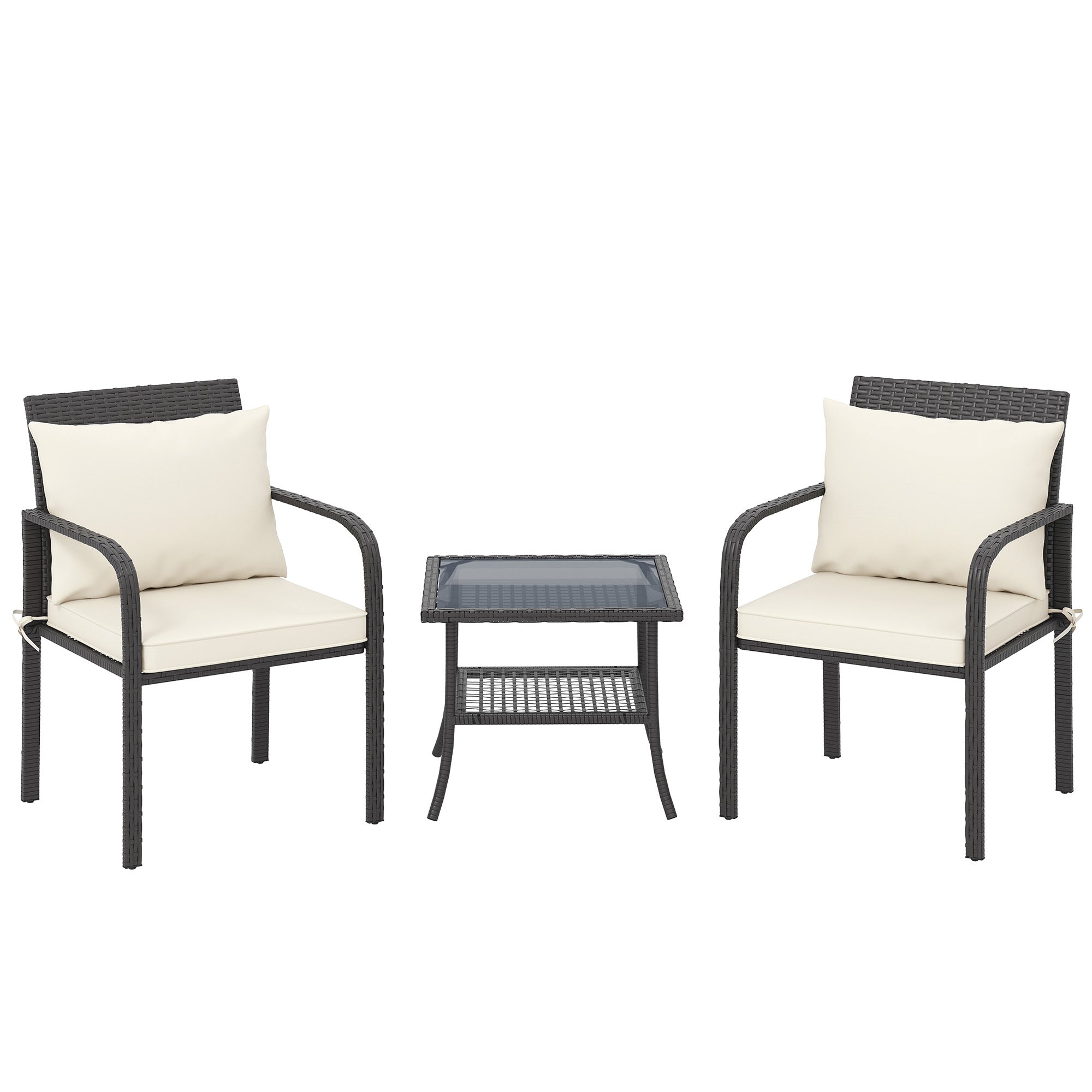 3-Piece Outdoor Garden Set Furniture with 2 Chairs with Removable Washable Cushions and Glass Table with Tempered Glass Shelf for Balcony Patio Brown and Cream