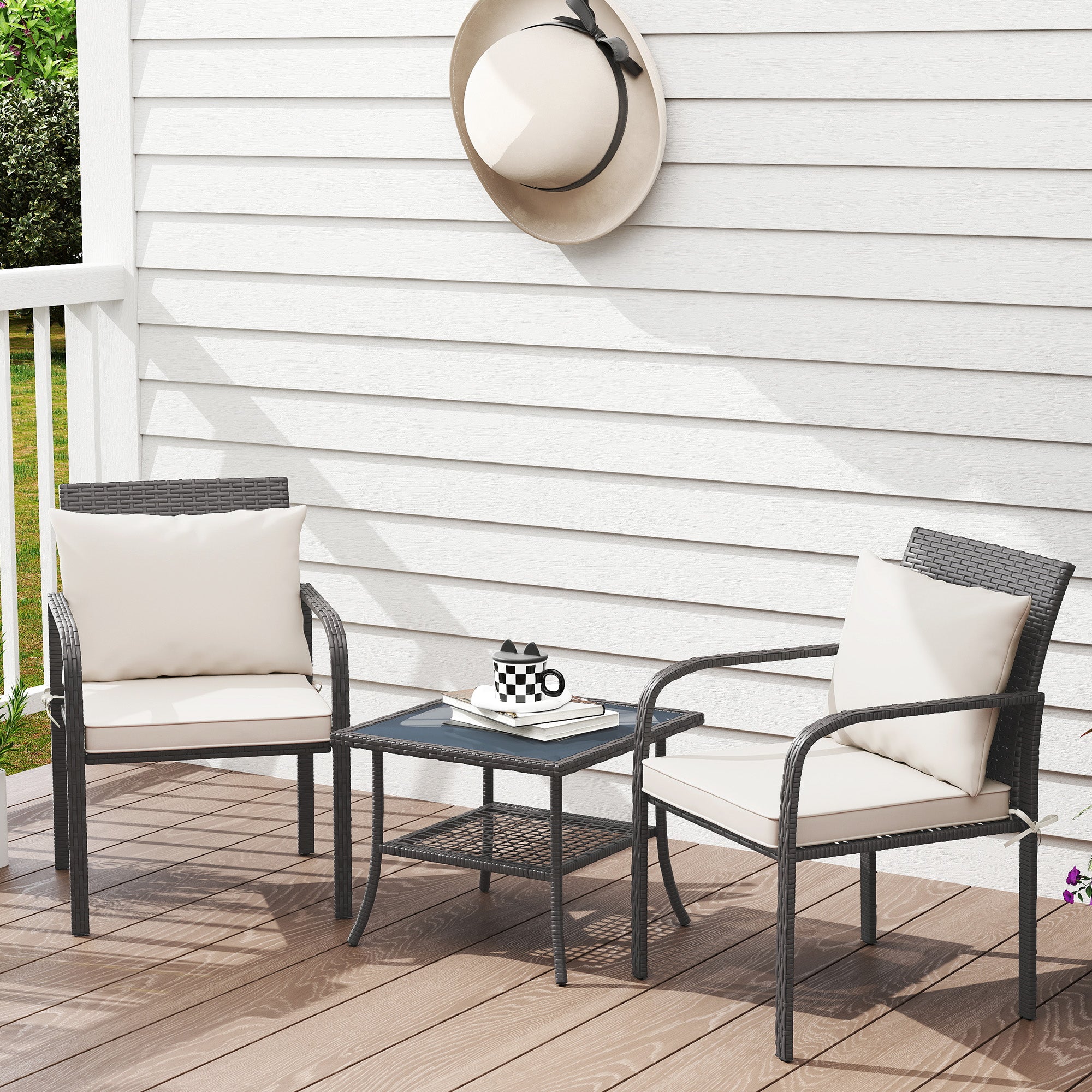 3-Piece Outdoor Garden Set Furniture with 2 Chairs with Removable Washable Cushions and Glass Table with Tempered Glass Shelf for Balcony Patio Brown and Cream