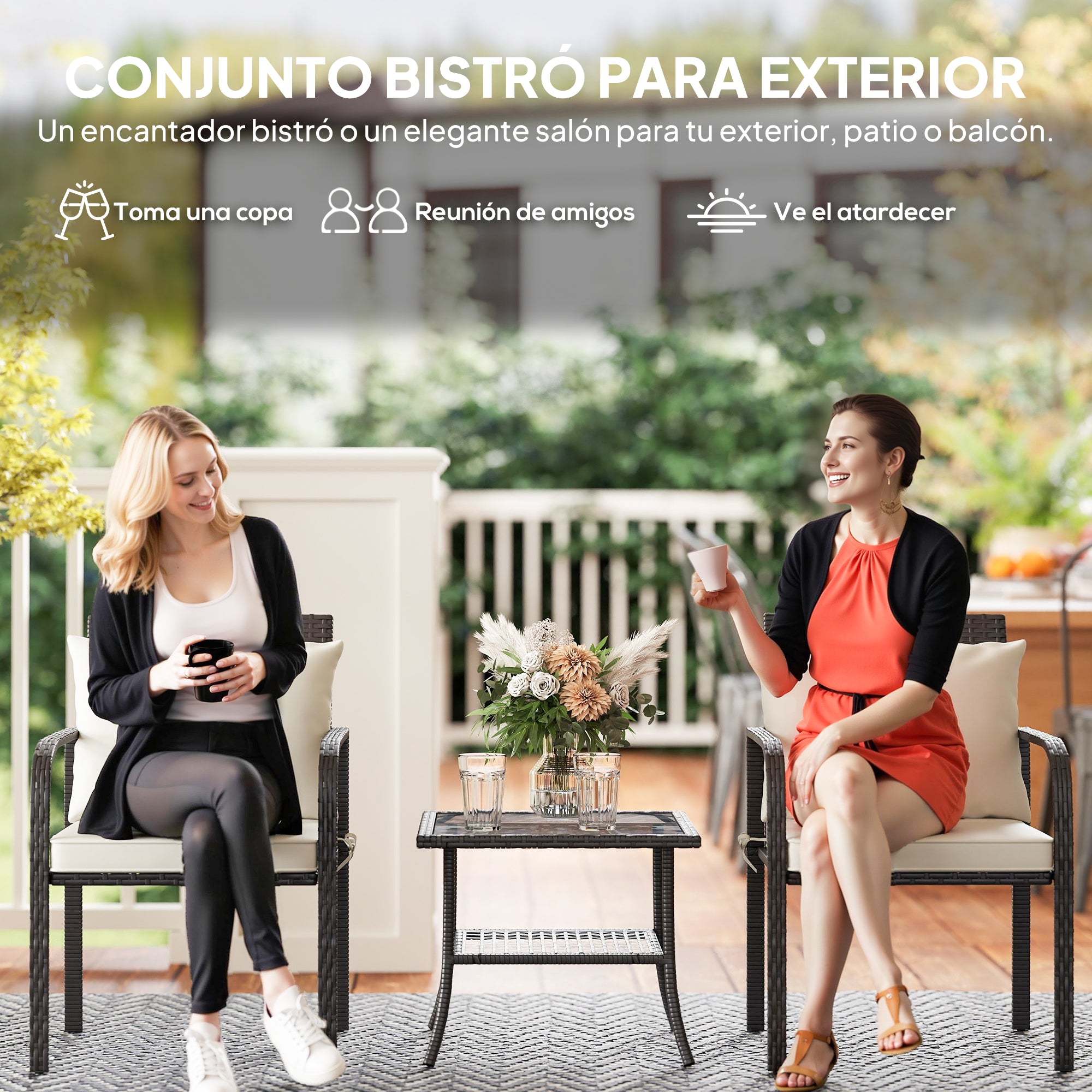 3-Piece Outdoor Garden Set Furniture with 2 Chairs with Removable Washable Cushions and Glass Table with Tempered Glass Shelf for Balcony Patio Brown and Cream