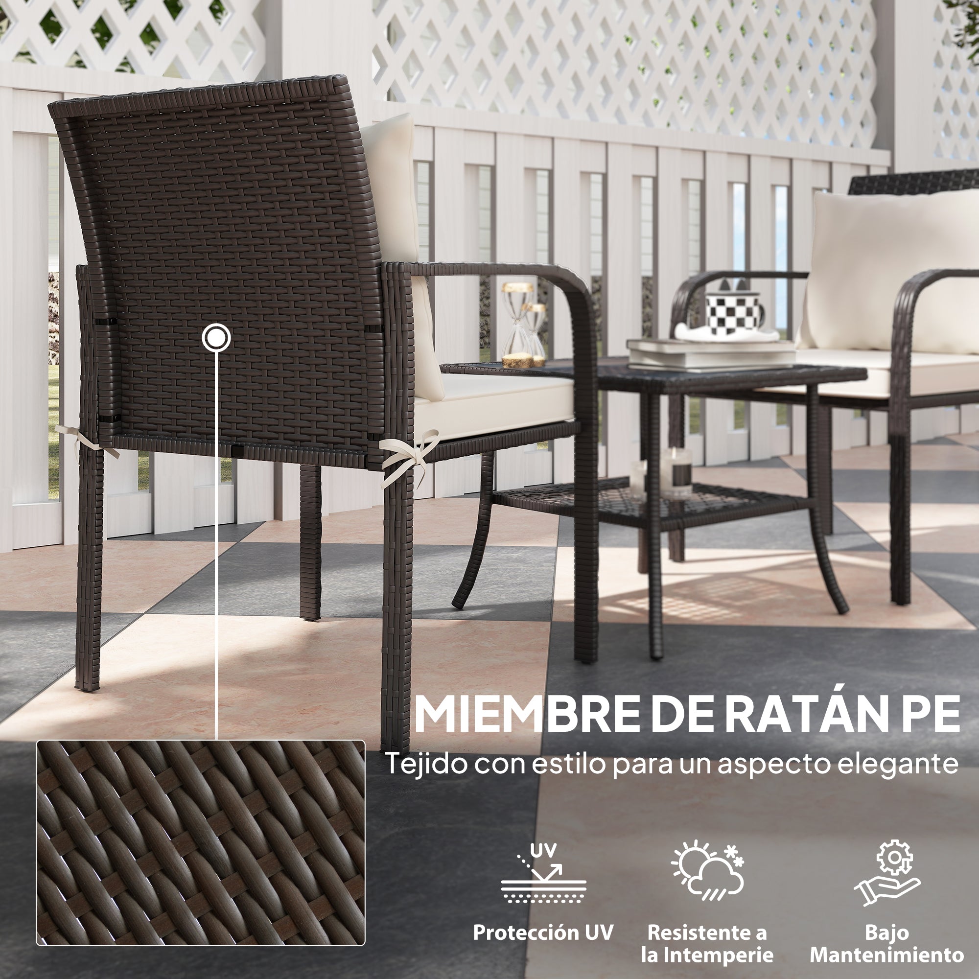 3-Piece Outdoor Garden Set Furniture with 2 Chairs with Removable Washable Cushions and Glass Table with Tempered Glass Shelf for Balcony Patio Brown and Cream