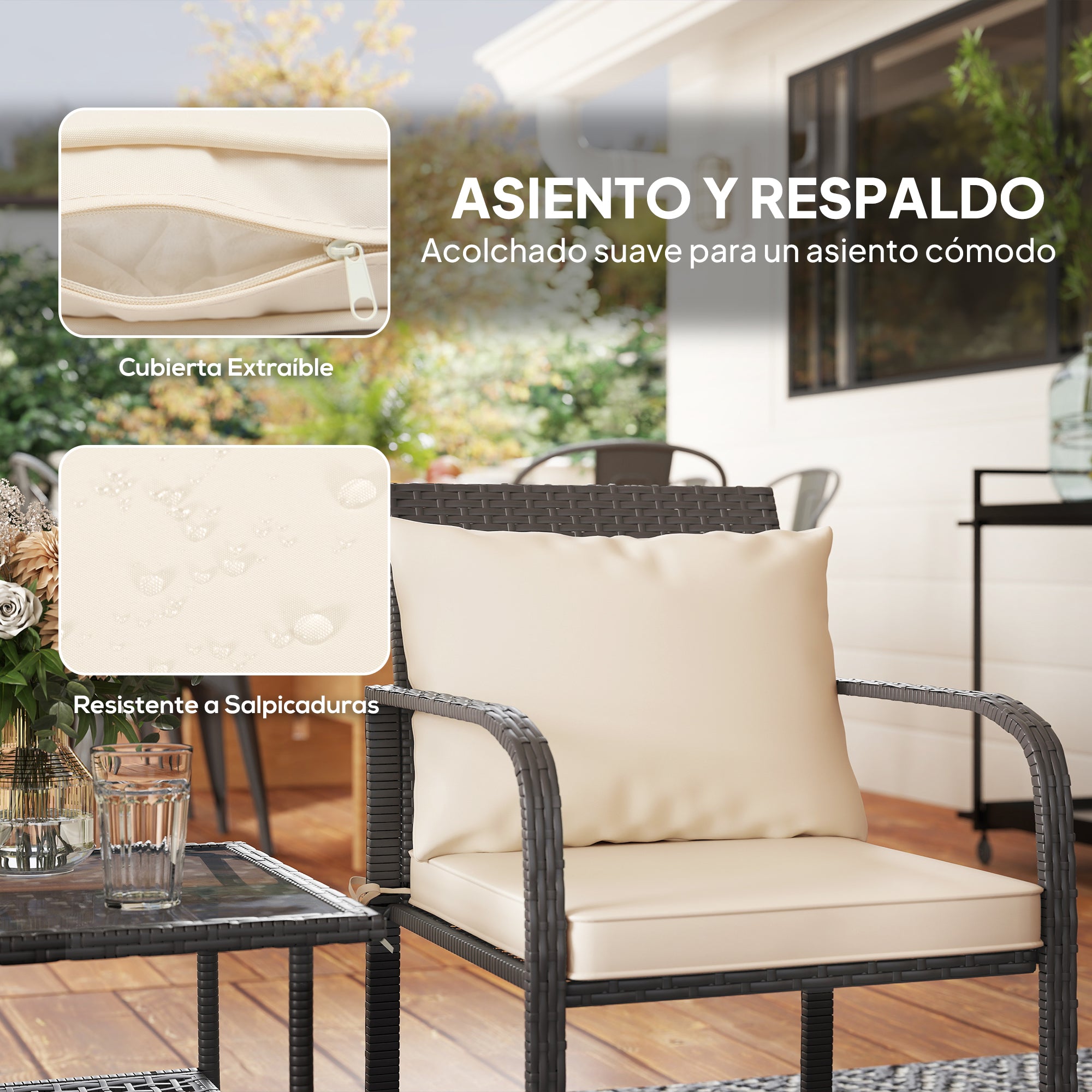 3-Piece Outdoor Garden Set Furniture with 2 Chairs with Removable Washable Cushions and Glass Table with Tempered Glass Shelf for Balcony Patio Brown and Cream