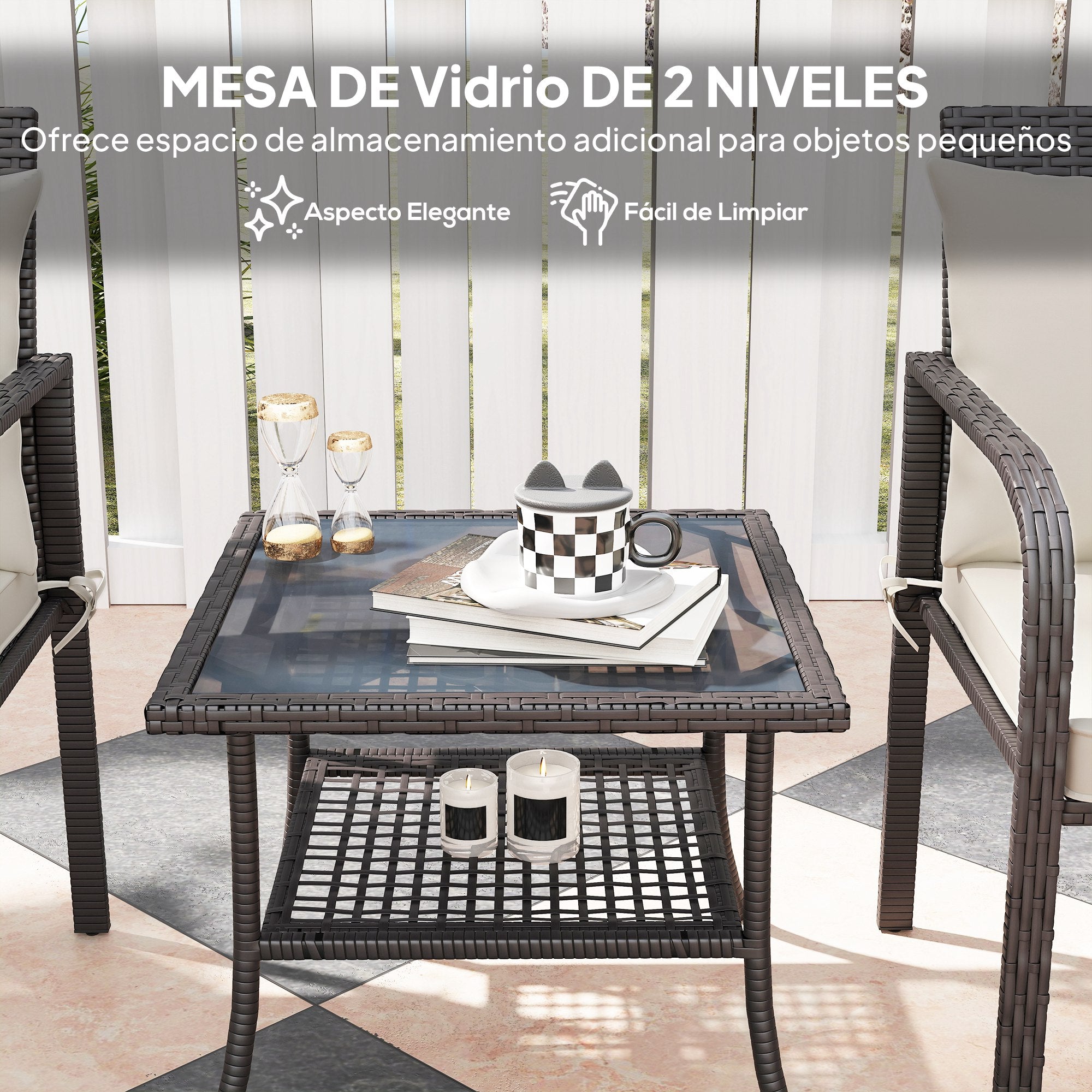 3-Piece Outdoor Garden Set Furniture with 2 Chairs with Removable Washable Cushions and Glass Table with Tempered Glass Shelf for Balcony Patio Brown and Cream