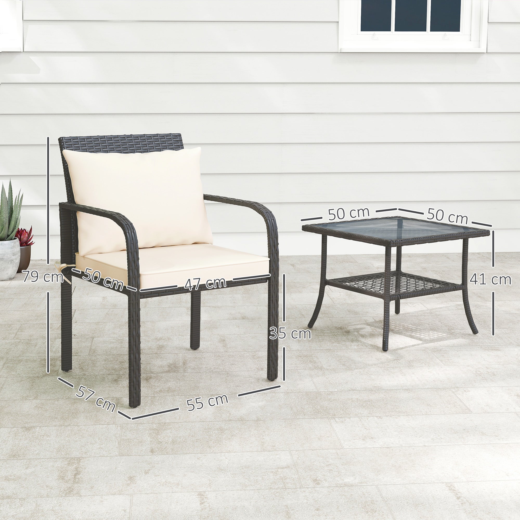 3-Piece Outdoor Garden Set Furniture with 2 Chairs with Removable Washable Cushions and Glass Table with Tempered Glass Shelf for Balcony Patio Brown and Cream