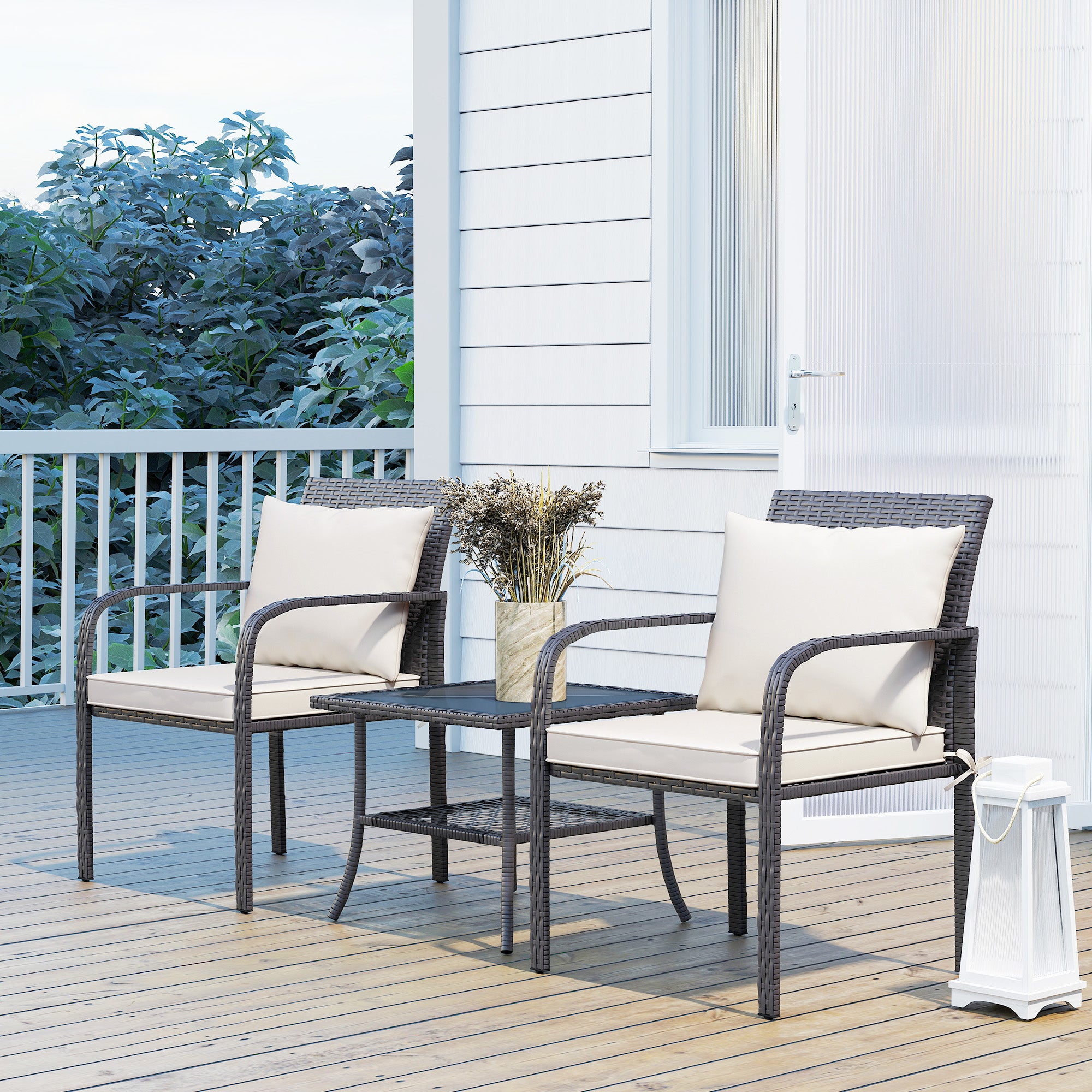 3-Piece Outdoor Garden Set Furniture with 2 Chairs with Removable Washable Cushions and Glass Table with Tempered Glass Shelf for Balcony Patio Brown and Cream