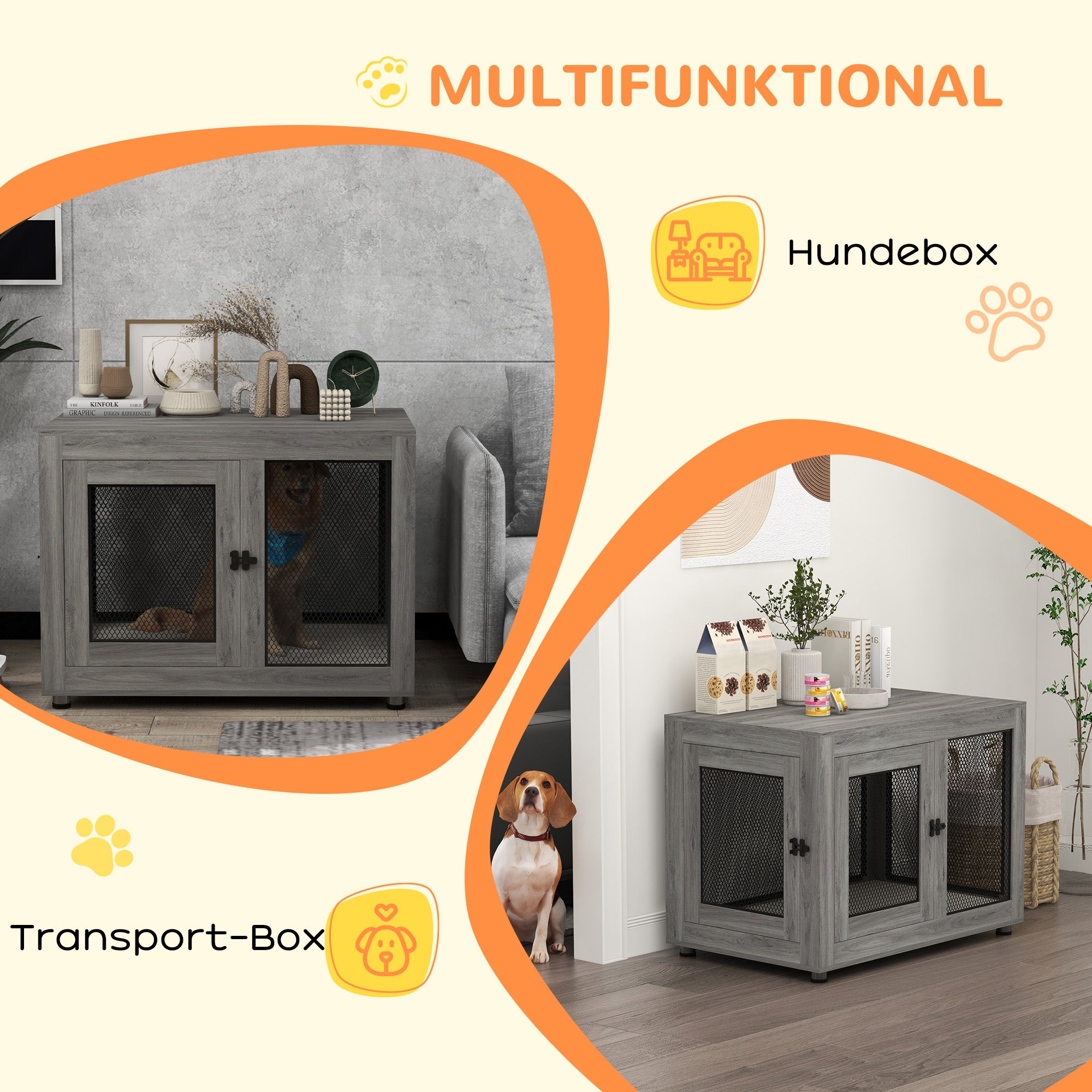 Home Dog Cage, Dog Crate with 2 Doors, Washable Cushion, Dog House with Adjustable Feet, Latches, for Large Dogs up to 30 kg, Gray, 94 x 60 x 71.5 cm