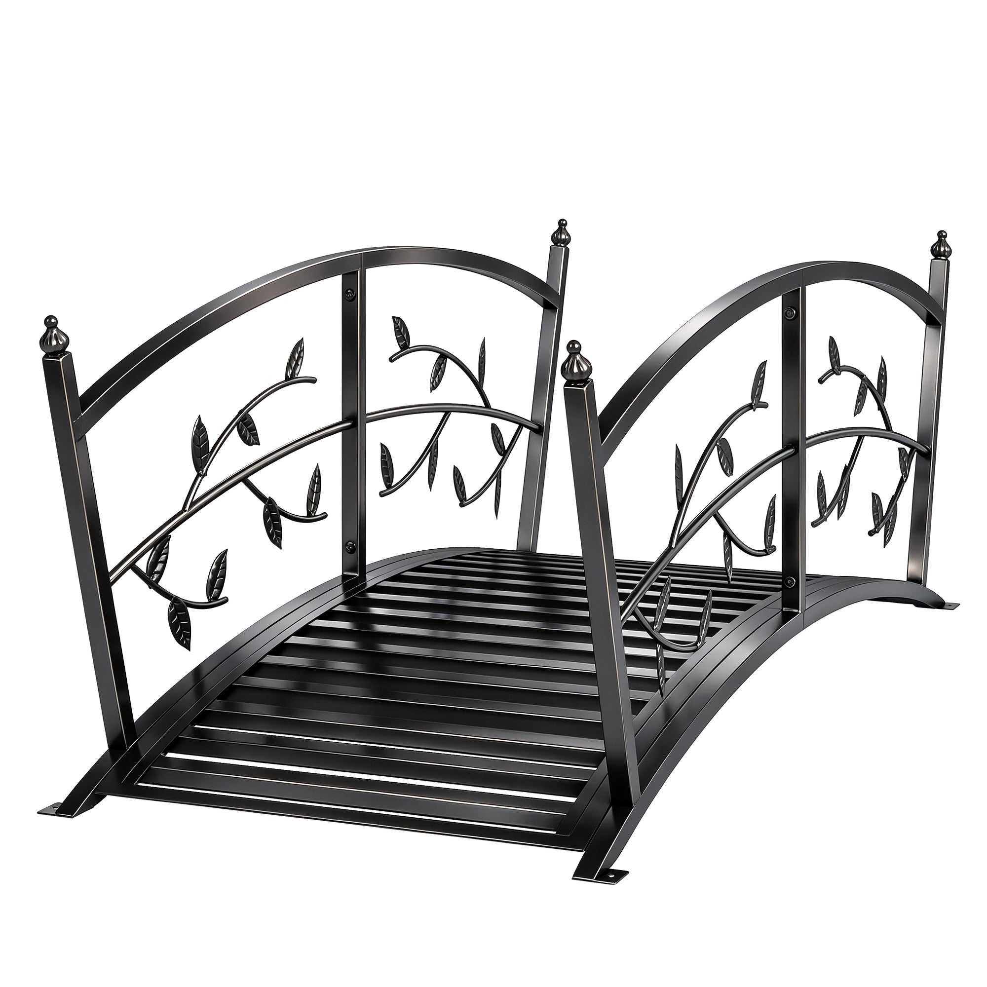 Metal Garden Bridge, 47 in (120 cm) Decorative Pond Bridge with Safety Handrails, Vine & Leaf Design, 220 lb Capacity, Powder-Coated Black — Easy Assembly