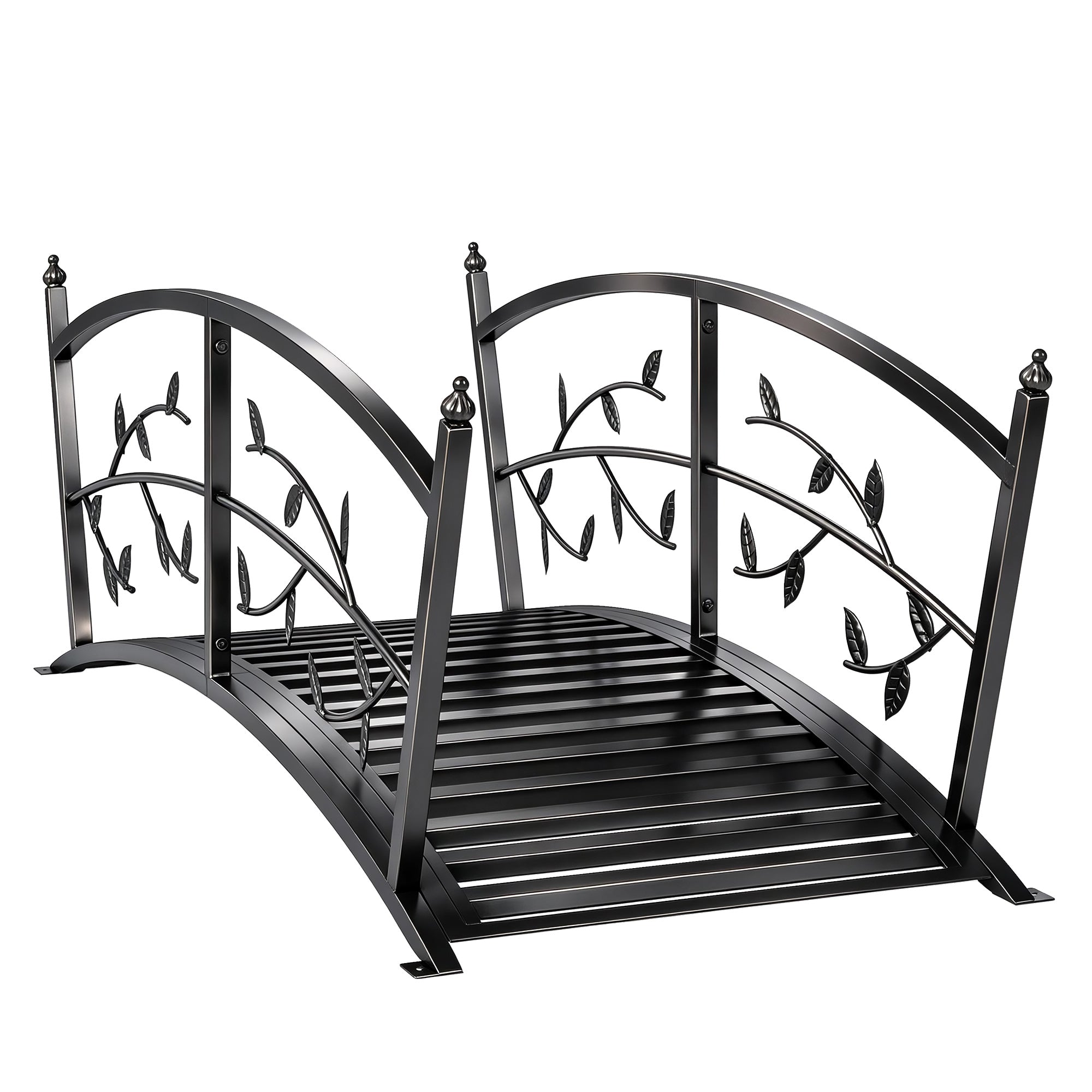 Metal Garden Bridge, 47 in (120 cm) Decorative Pond Bridge with Safety Handrails, Vine & Leaf Design, 220 lb Capacity, Powder-Coated Black — Easy Assembly