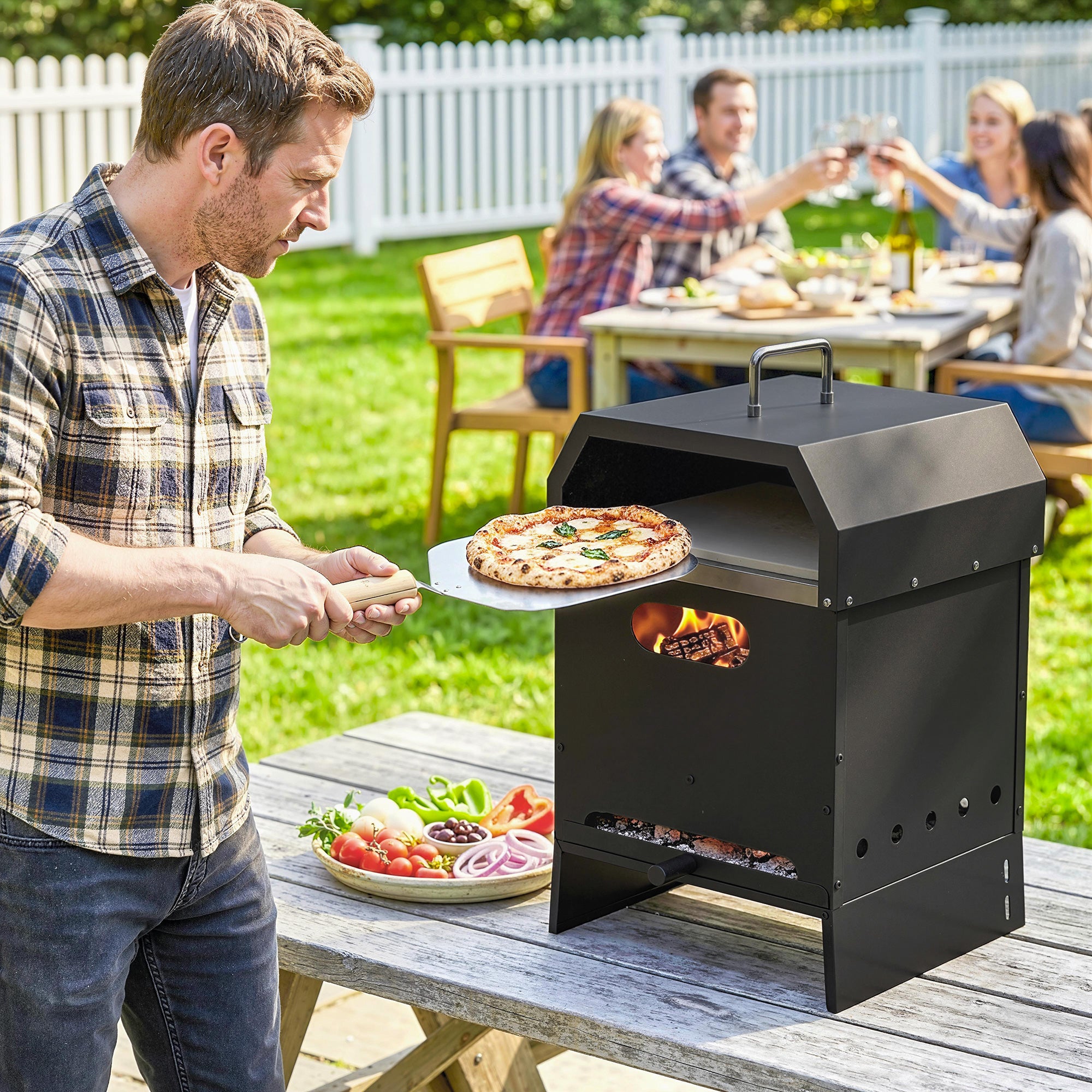 3-in-1 Outdoor Wood-Fired Pizza Oven, Stainless Steel 2-Tier Oven with Pizza Stone, Handles & Peel — Portable Patio Pizza Oven for Garden Parties
