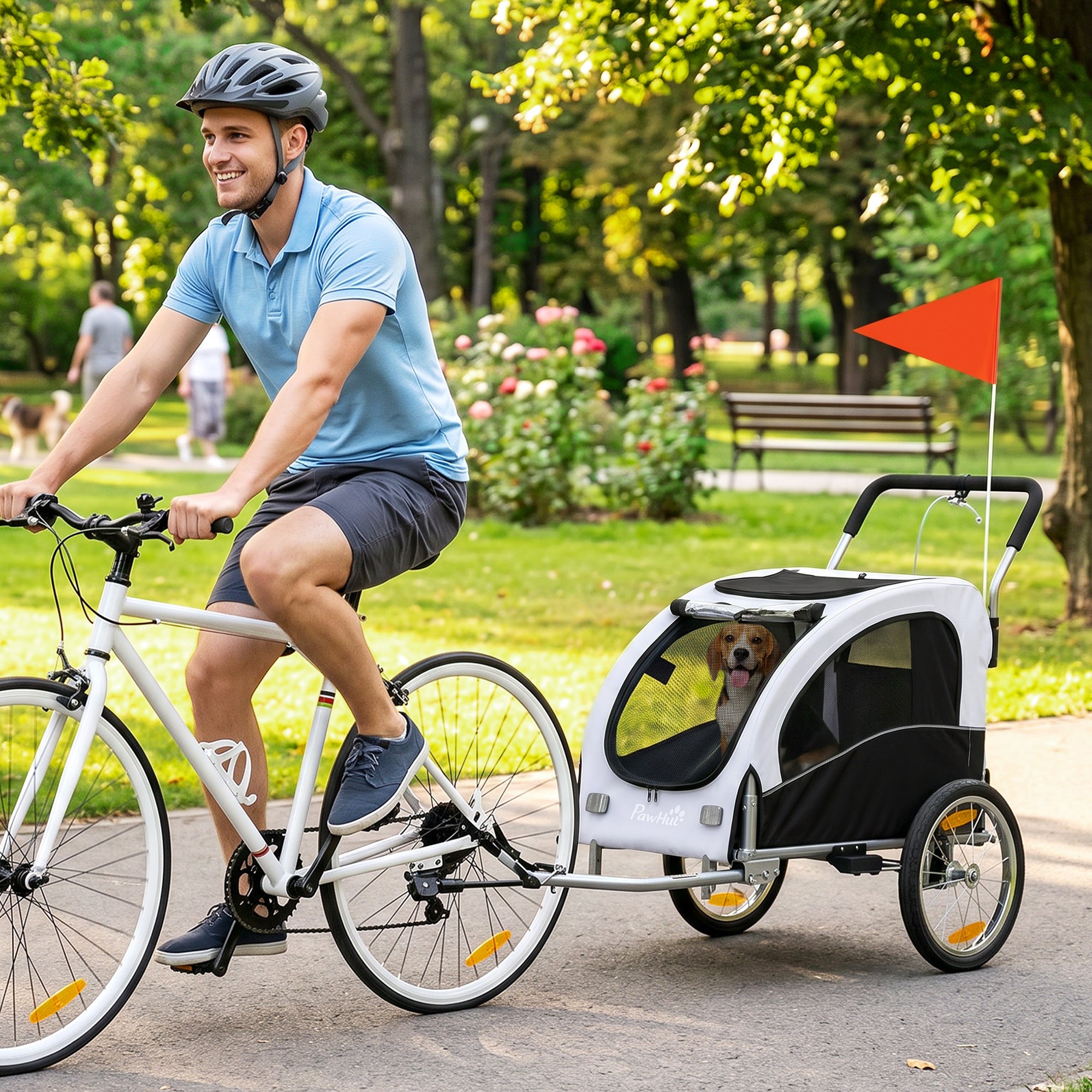 2-in-1 Dog Bike Trailer & Jogger for Small to Medium Dogs up to 44 lb — Foldable, 600D Oxford, Reflectors, Handbrake, Universal Coupling, White