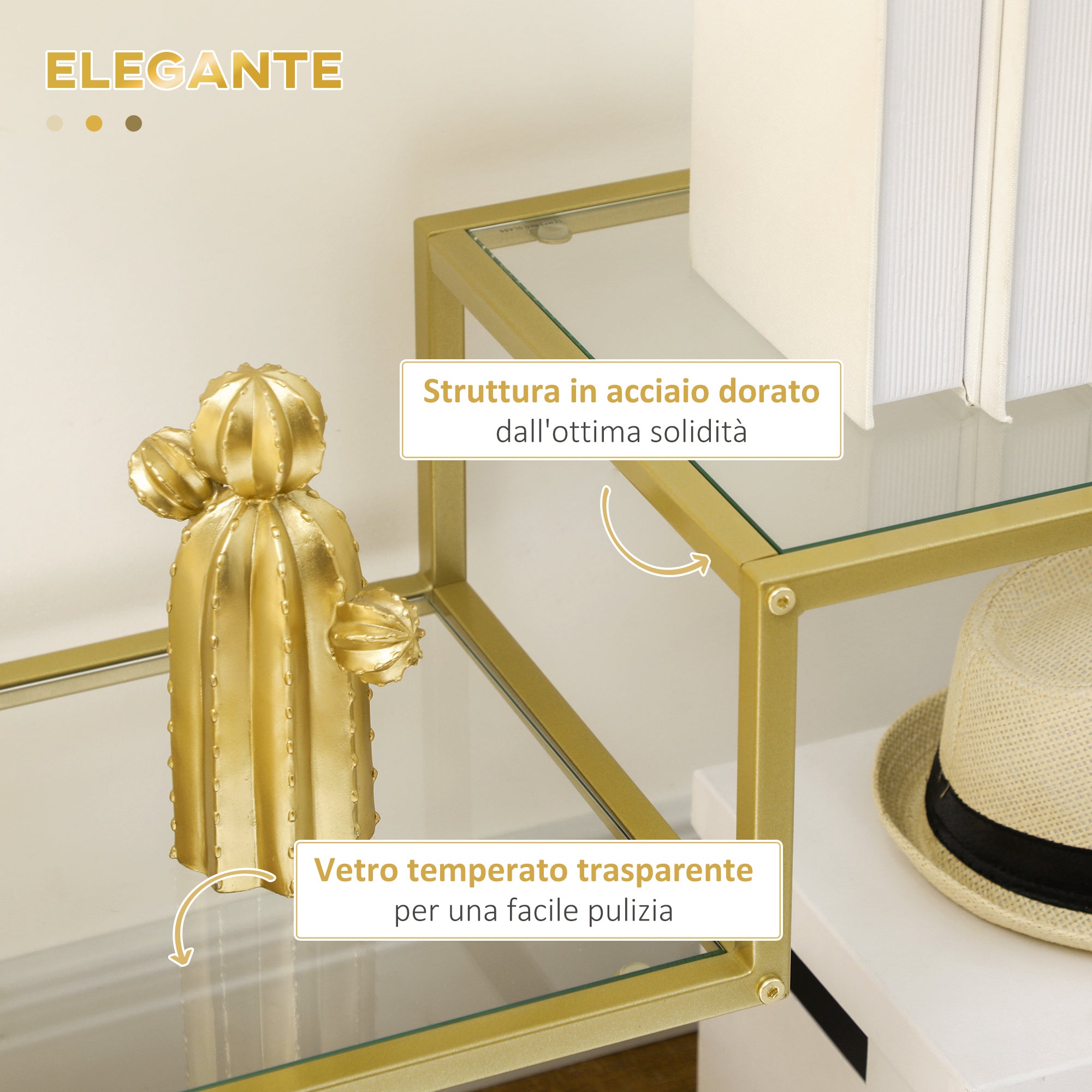 3-Shelf Entry Console Table in Steel and Tempered Glass, 100x32x76 cm, Gold