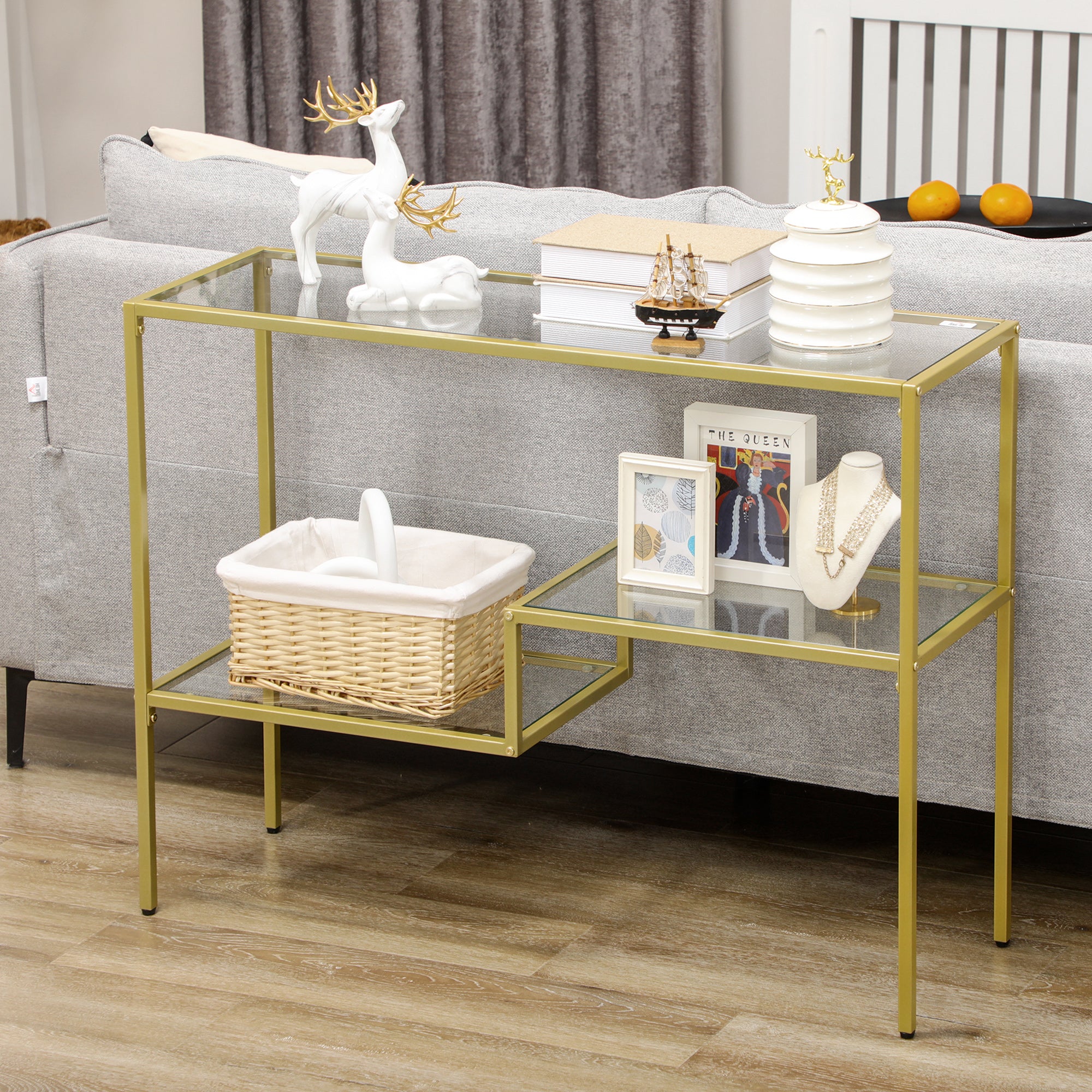 3-Shelf Entry Console Table in Steel and Tempered Glass, 100x32x76 cm, Gold