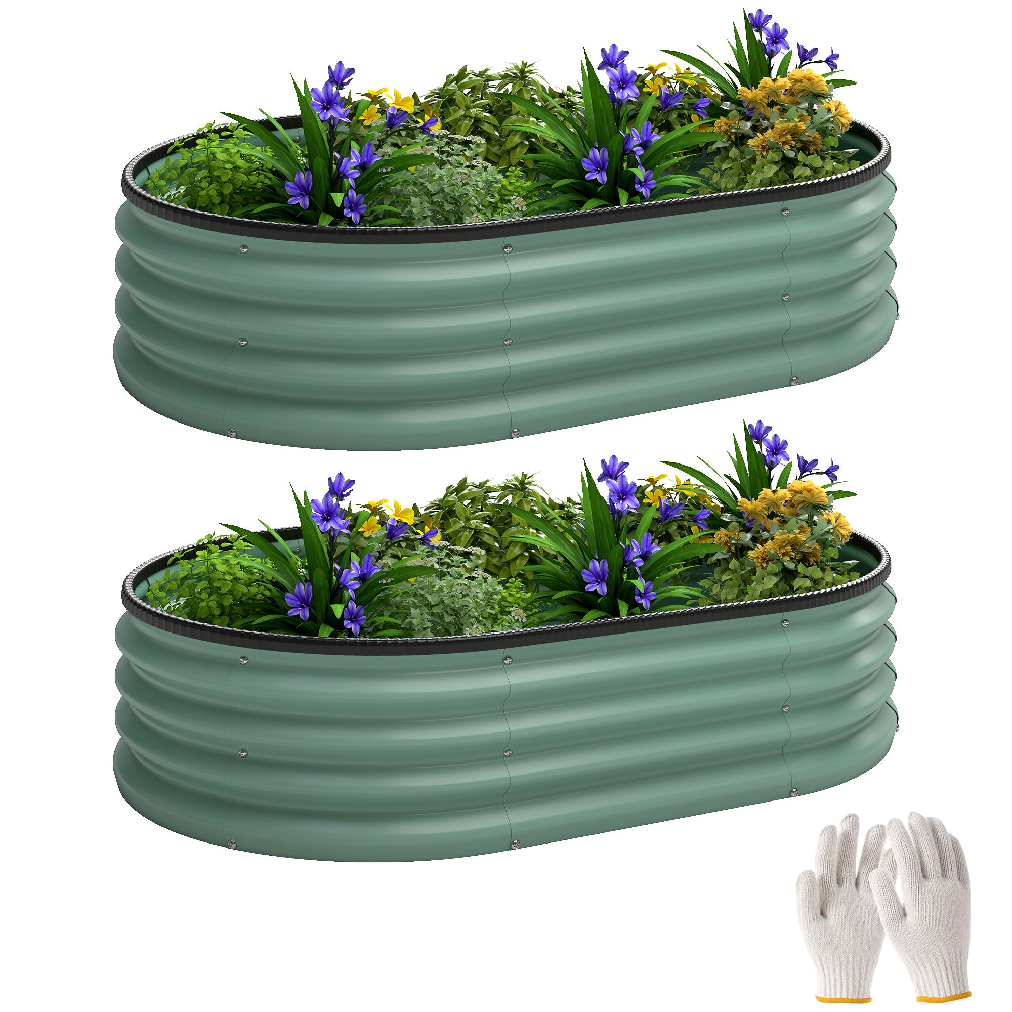 Set of 2 Galvanized Steel Raised Garden Beds, Modular Outdoor Planter, 135 x 90 x 30 cm (53.1 x 35.4 x 11.8 in), Green