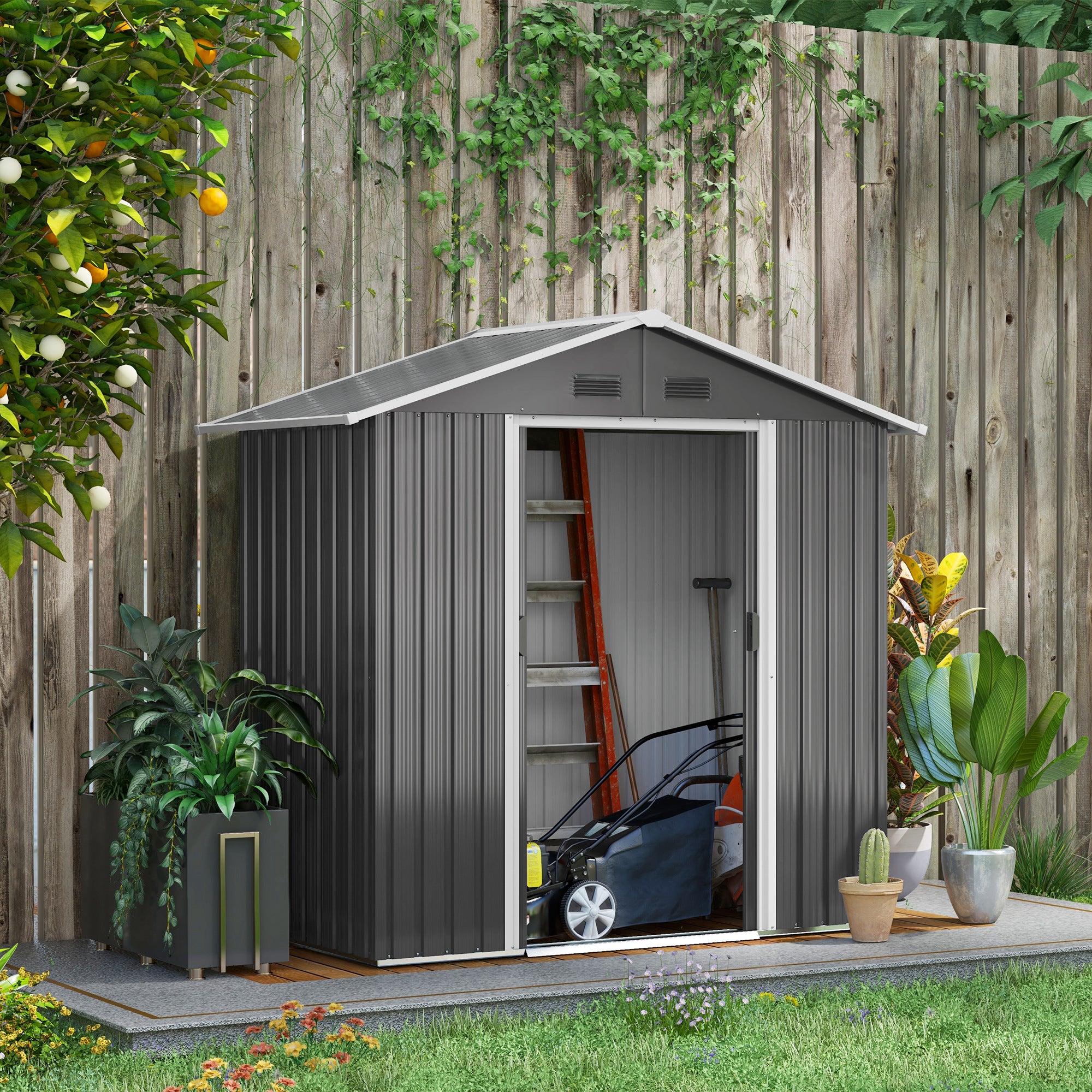 Metal Garden Shed 1.8 m², Metal Tool Shed, 194 x 110 x 184 cm, Large Outdoor Storage Space with Sliding Doors and 4 Vents, Dark Gray