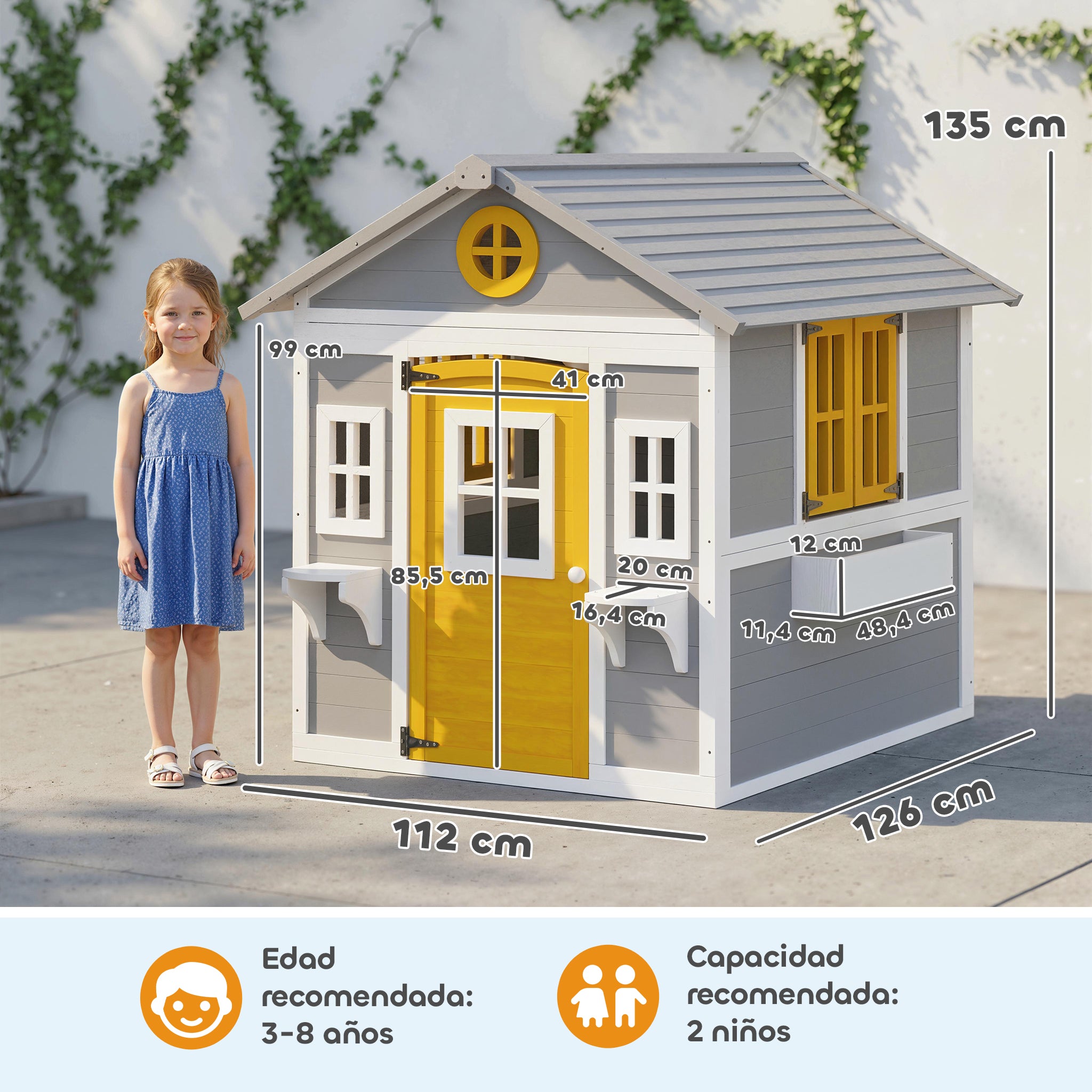Wooden Indoor/Outdoor Playhouse with Door, Windows, Planters & Shelves — Gray, Ages 3–8