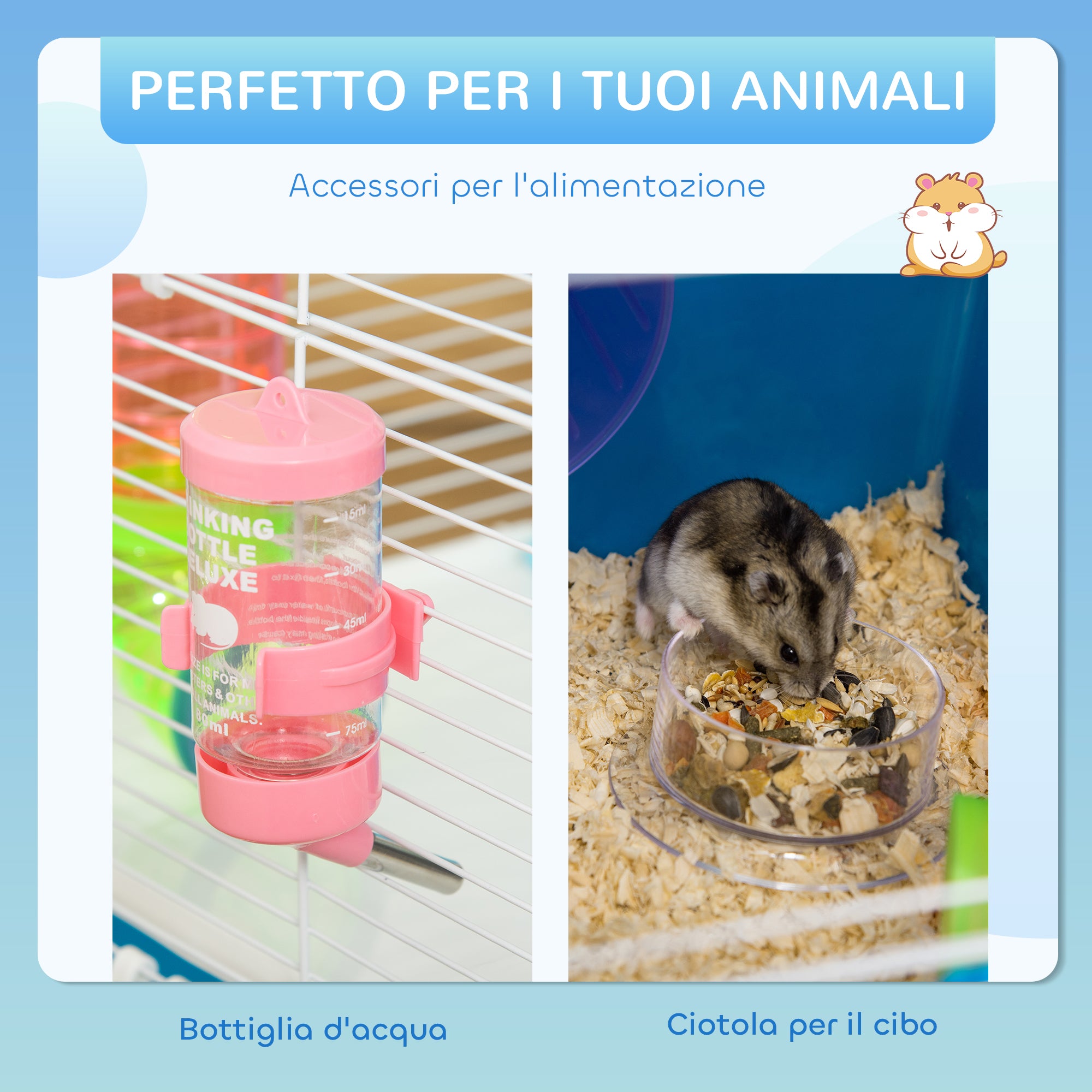 5-Level Hamster Cage with Tubes, House, Water Tank, Ramps, Bowl, Platforms, and Wheel, Rodent Cage with 2 Steel Handles, PP and PS, 59x36x69 cm, Blue