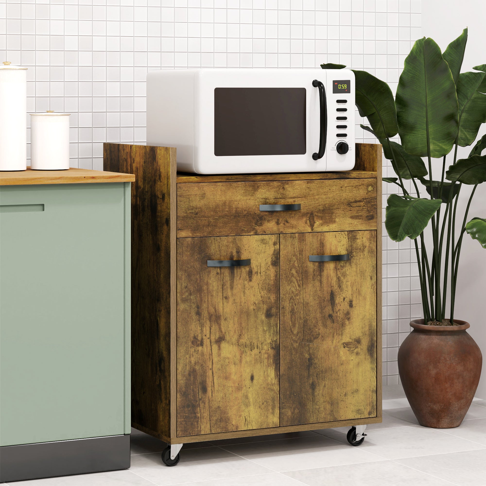 Microwave Kitchen Cart with Drawer and Cabinet, Kitchen Island in Wood with 4 Wheels and Adjustable Shelf, 60x40x77 cm, Rustic Brown