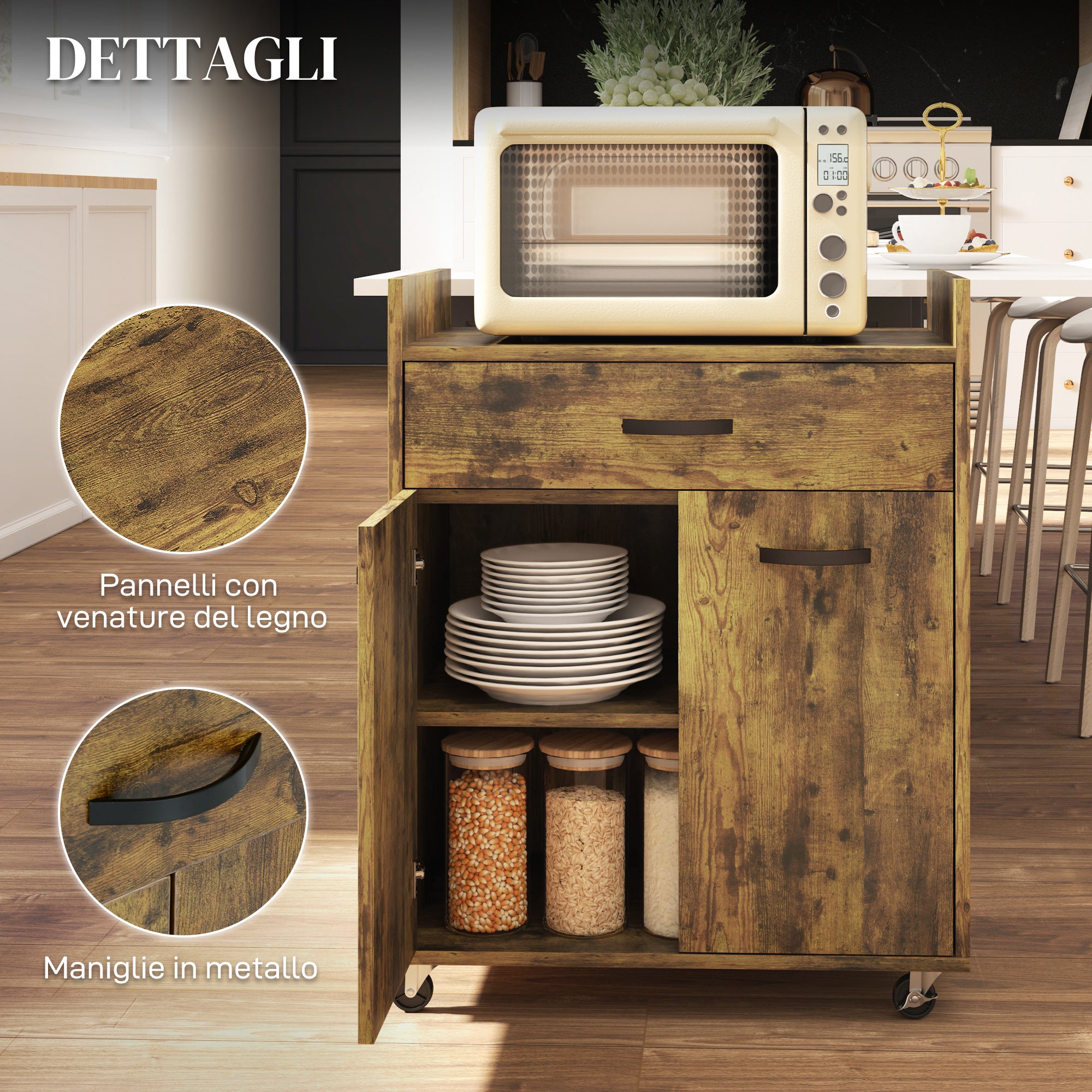 Microwave Kitchen Cart with Drawer and Cabinet, Kitchen Island in Wood with 4 Wheels and Adjustable Shelf, 60x40x77 cm, Rustic Brown