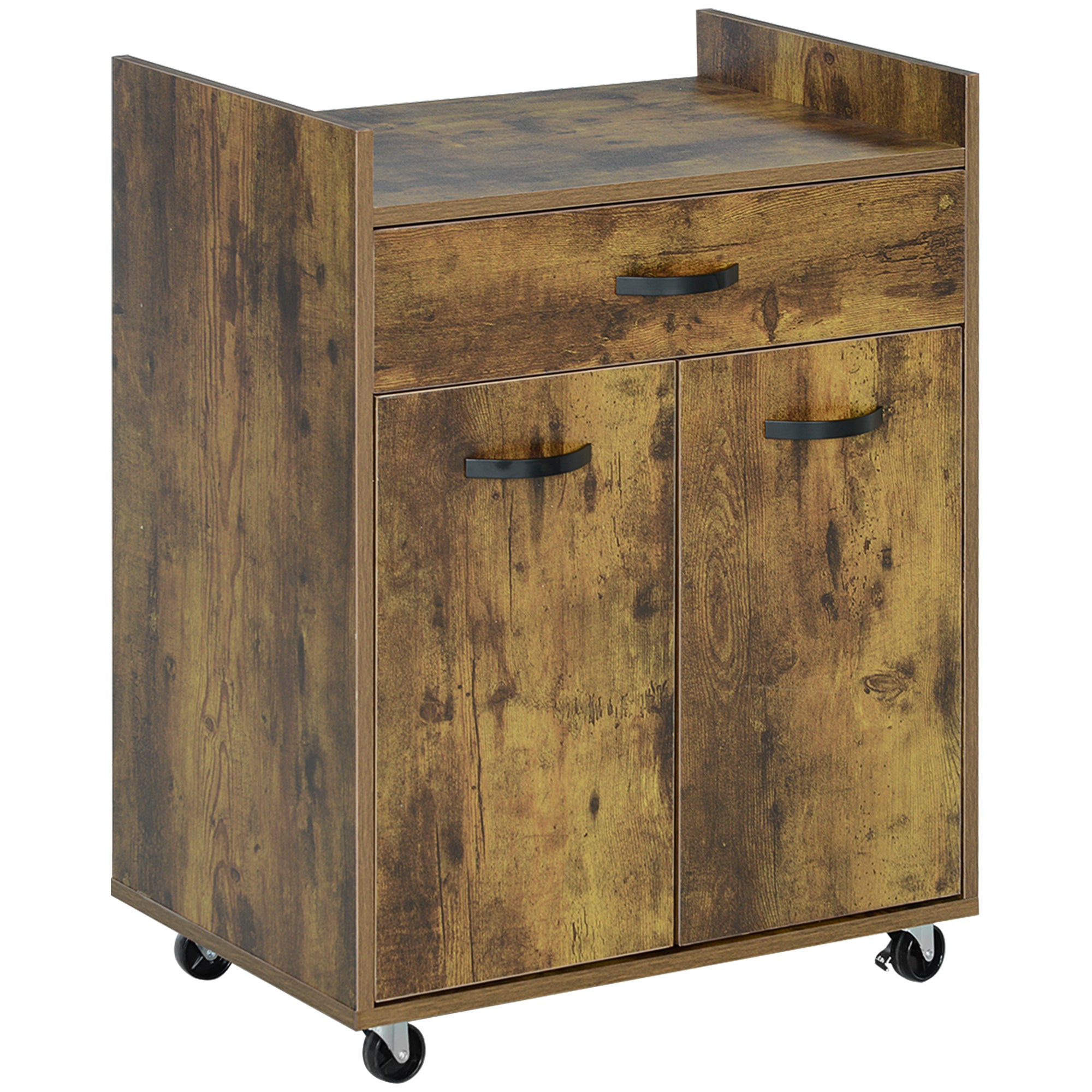 Microwave Kitchen Cart with Drawer and Cabinet, Kitchen Island in Wood with 4 Wheels and Adjustable Shelf, 60x40x77 cm, Rustic Brown