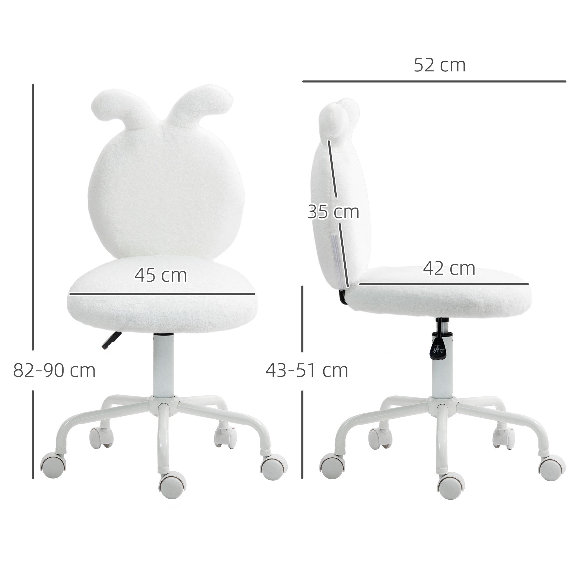 Office Chair Desk Chair with Bunny Ears, Height Adjustable Cosmetics Chair with Velvet Look, Armless Swivel Chair Makeup Chair for Bedroom, White