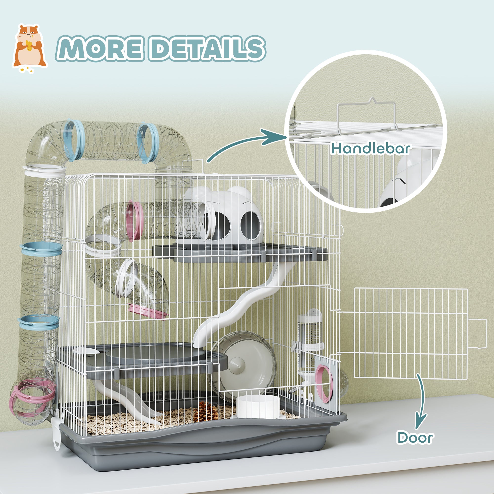 3-Level Hamster Cage with 14 Tubes, House, Ramp, Bowls, Water Bottle & Drip Tray — Metal & Plastic, 45 x 30 x 45 cm (17.7 x 11.8 x 17.7 in), Grey